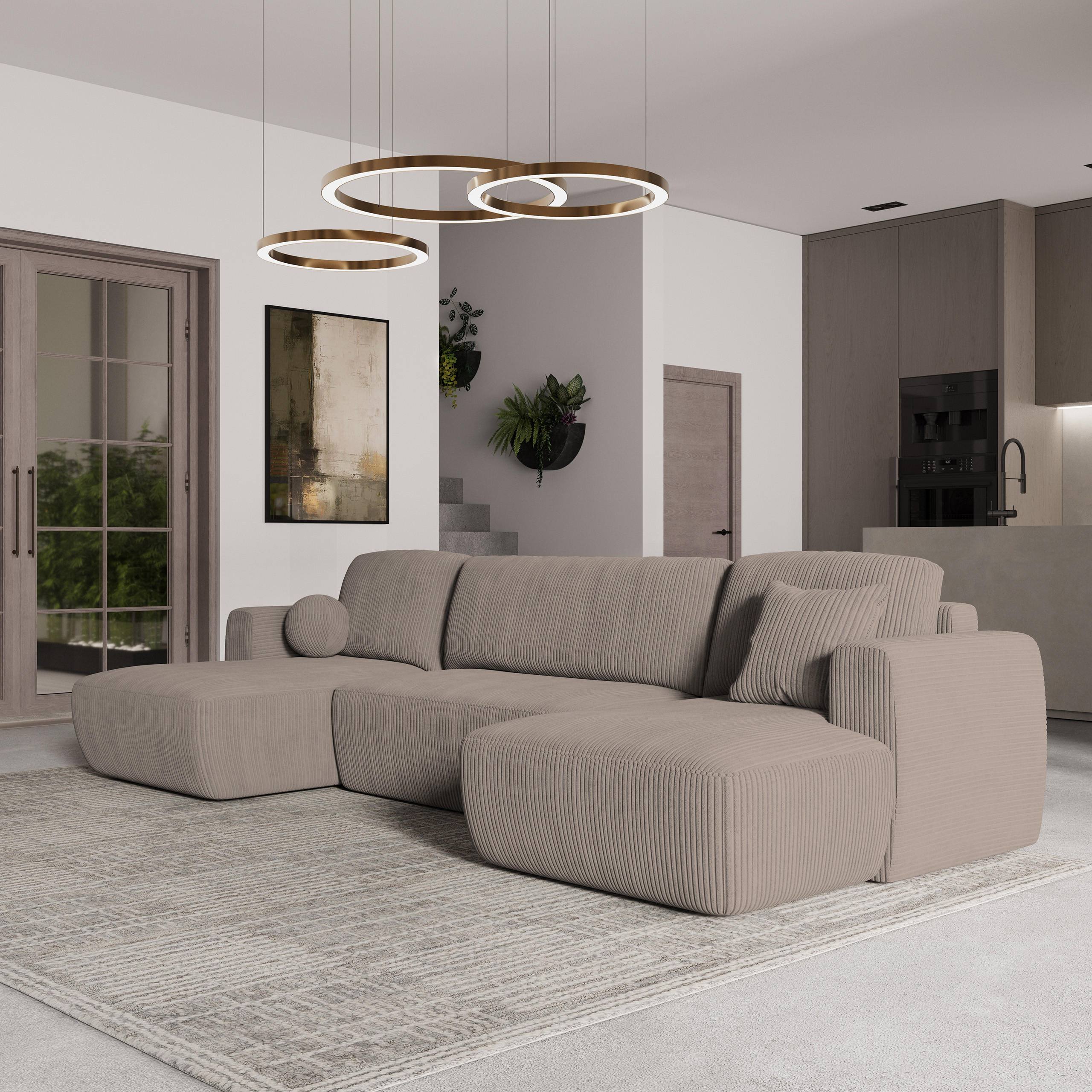 WOHNLANDSCHAFT SENTUM P Beige Kordstoff mit Schlaffunktion - Beige, Holz (330/90/148cm) - MASSENO