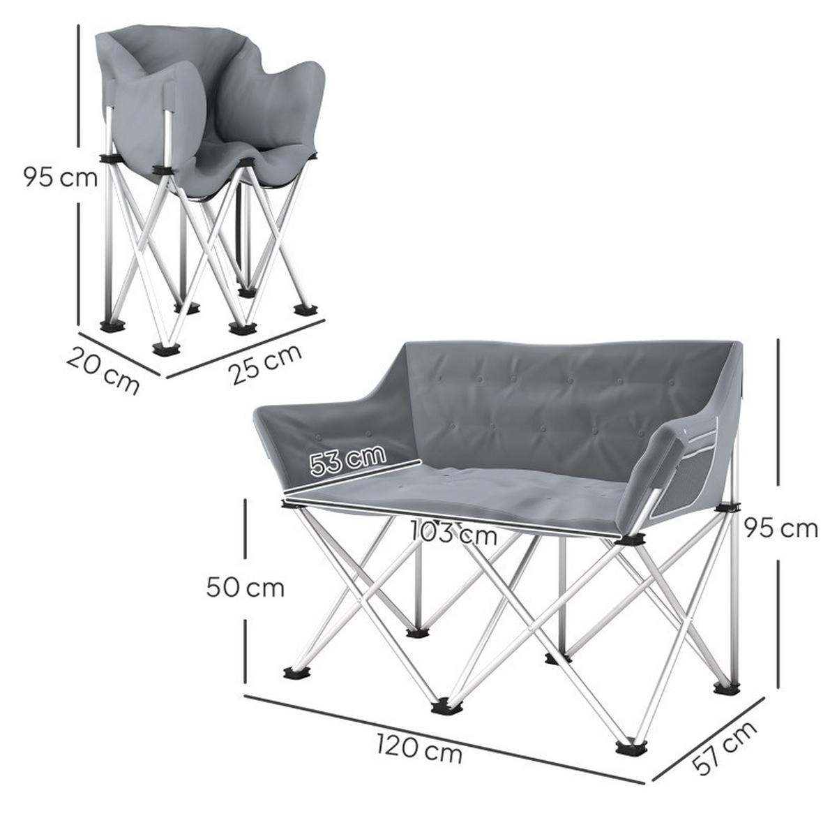 GARTENSTUHL aus Metall 120x57x95 cm in Grau mit Seitentaschen - Grau, Metall (120/95/57cm) - Modfu