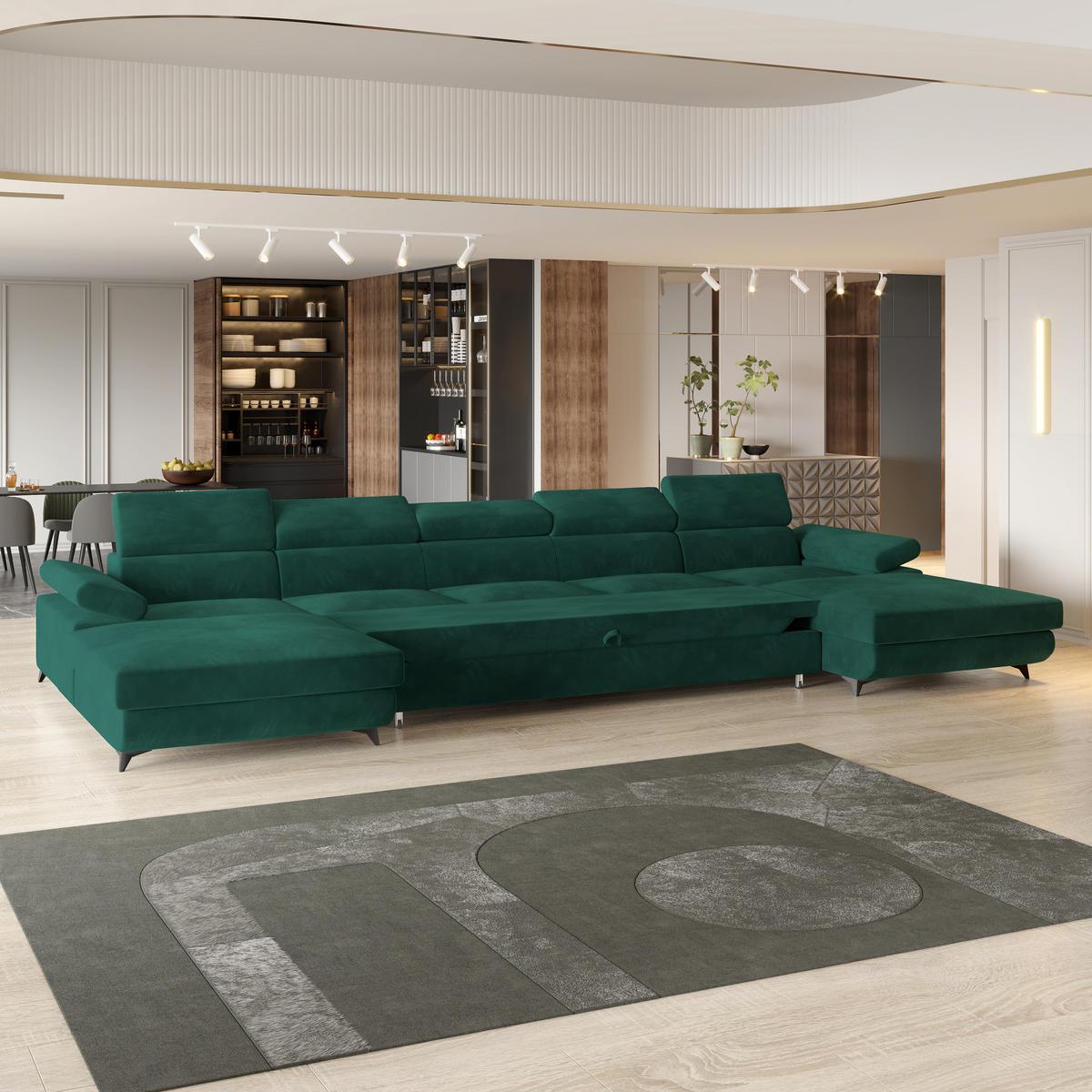 WOHNLANDSCHAFT VIVENTE Grün Velours-Stoff mit Schlaffunktion - Grün, Holz (410/89/190cm) - MASSENO