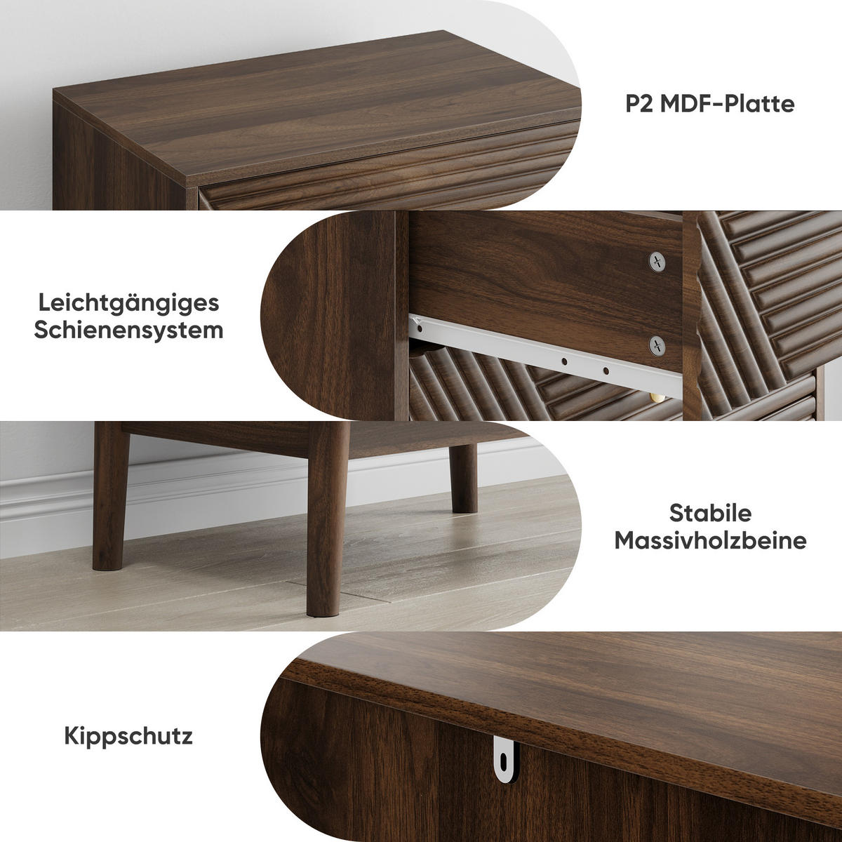 HIGHBOARD Eiche mit Rattanfronten und Schubladen - Braun, Holzwerkstoff (60/90/40cm) - Urban Meuble