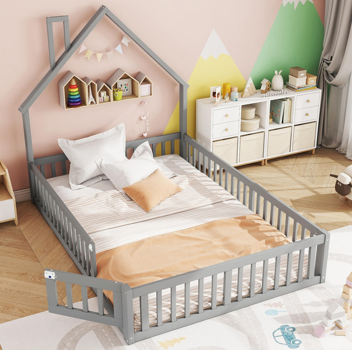 HAUSBETT 140/190 cm Grau aus Kiefernholz und MDF mit Schornsteinform - Grau, Holz (140/190cm) - OKMYHOME