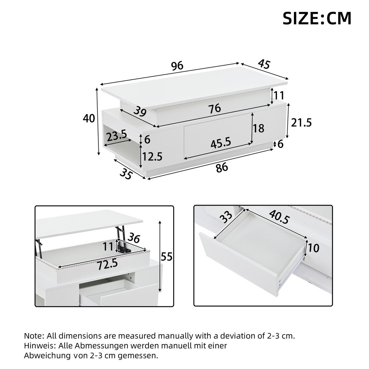 COUCHTISCH, höhenverstellbare Tischplatte, Hochglanz Weiß mit Stauraum & LED, 96/45/40 cm,Weiß - Weiß, Holzwerkstoff (45/96/40cm) - Redom