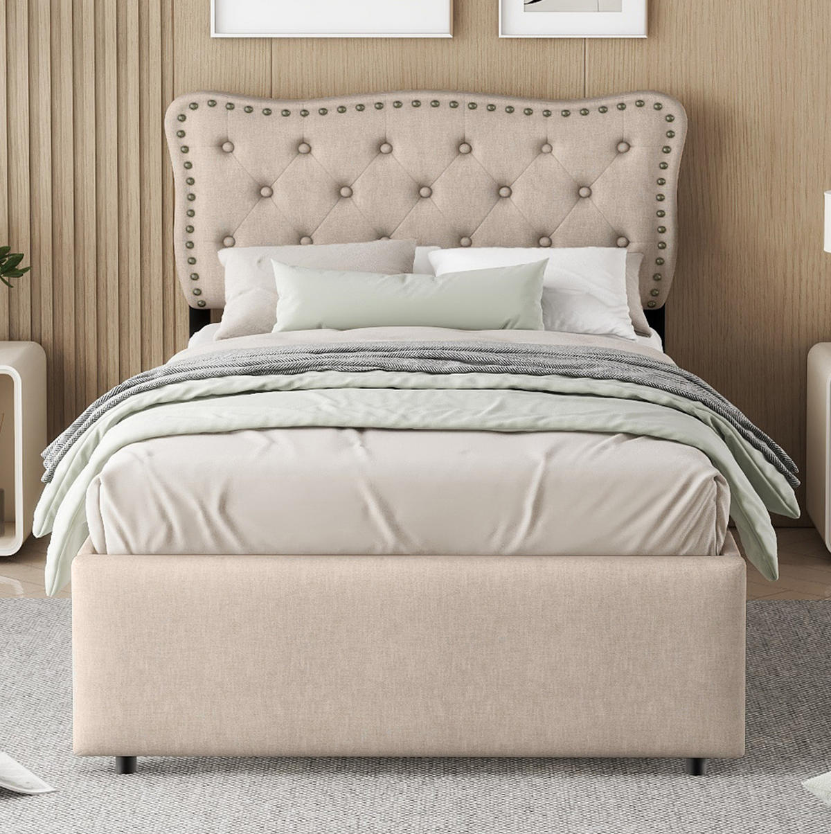 POLSTERBETT aus MDF und Leinen 90x200 cm in Dunkelbeige mit 2 Schubladen - Beige, Textil (90/200cm) - Modfu