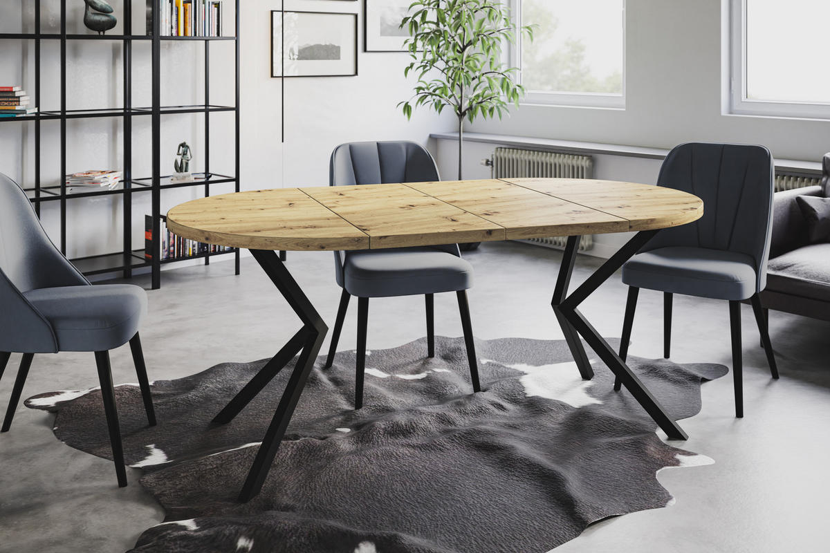 ESSZIMMERTISCH LOFT LITEN, ausziehbarer Tisch 120 cm/200 cm, Farbe: Mattbraun, mit Metallbeinen in Farbe Schwarz - Hellbraun/Schwarz, Holzwerkstoff (120/120/76cm) - Alpi-Möbel