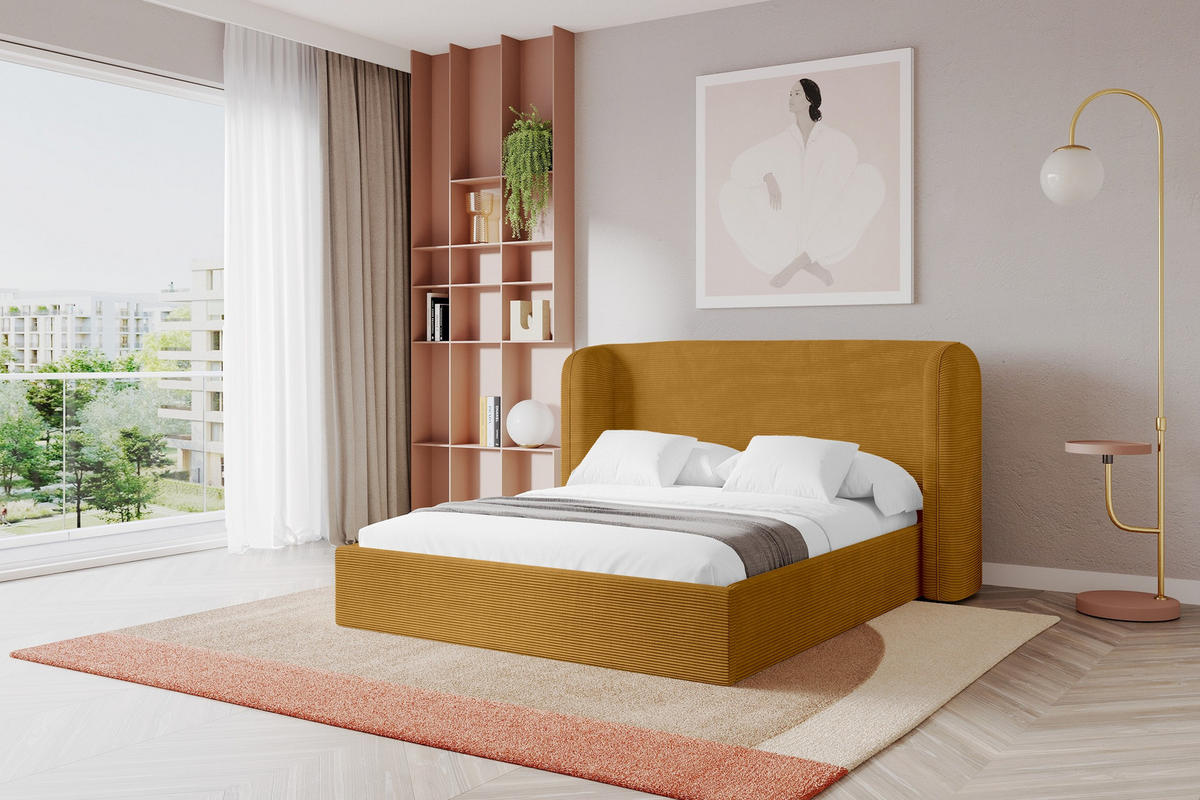 POLSTERBETT mit Bettkasten und Lattenrost, Boxbett ohne Matratze - ESTI 160x200 Senfgelb - Currygelb, Holzwerkstoff/Textil (160/200cm) - ALTDECOR