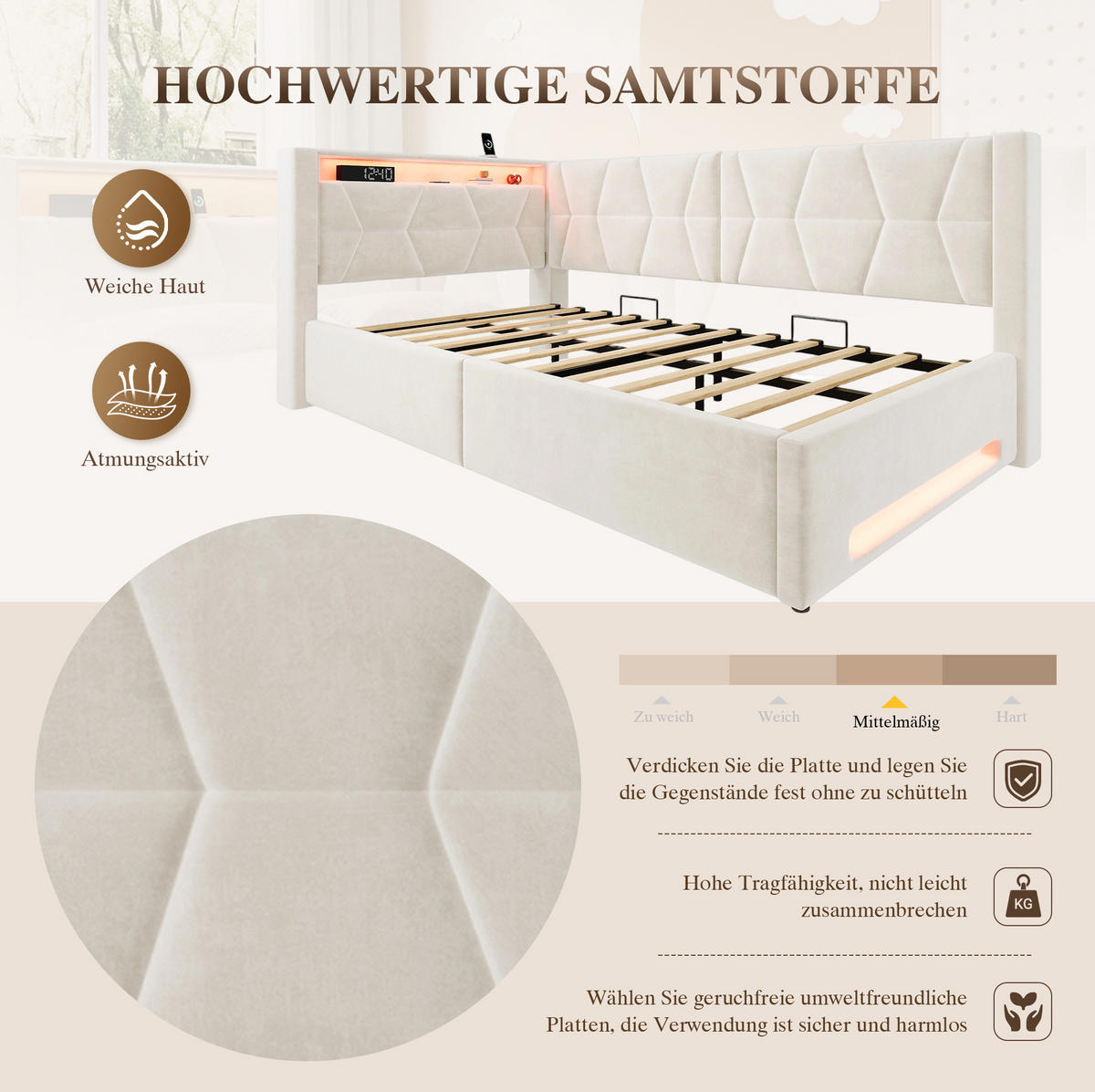 ČALOUNĚNÁ postel 90/200 cm s LED osvětlením, USB, Type-C a hydraulickým úložným prostorem, Béžová - béžová, kov (90/200cm) - Redom