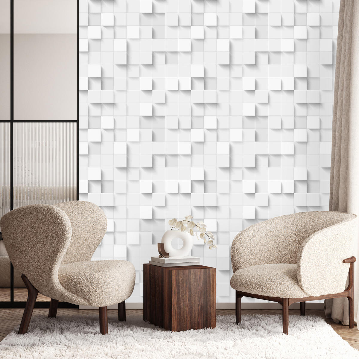 VLIESTAPETE Geometrische Quadrate in 3D-Optik – Weiß, Grau – 50x1000 cm - Weiß/Grau, Papier (50/1000cm) - Muralo