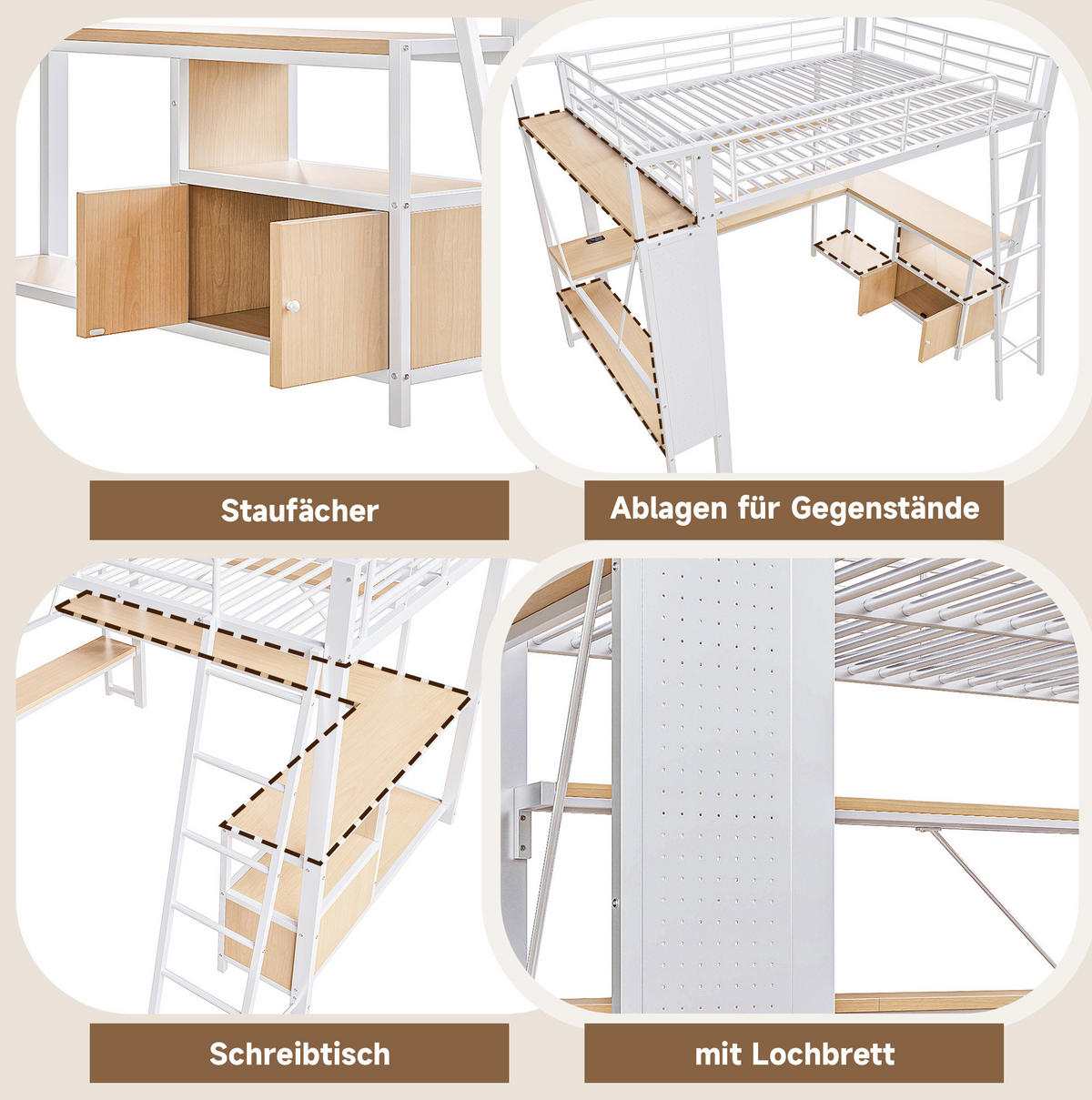 HOCHBETT 90/200 cm aus Metall/MDF mit Schreibtisch, LED-Lichtleiste und Stauraum Weiß - Weiß, Metall (90/200cm) - Modenvie