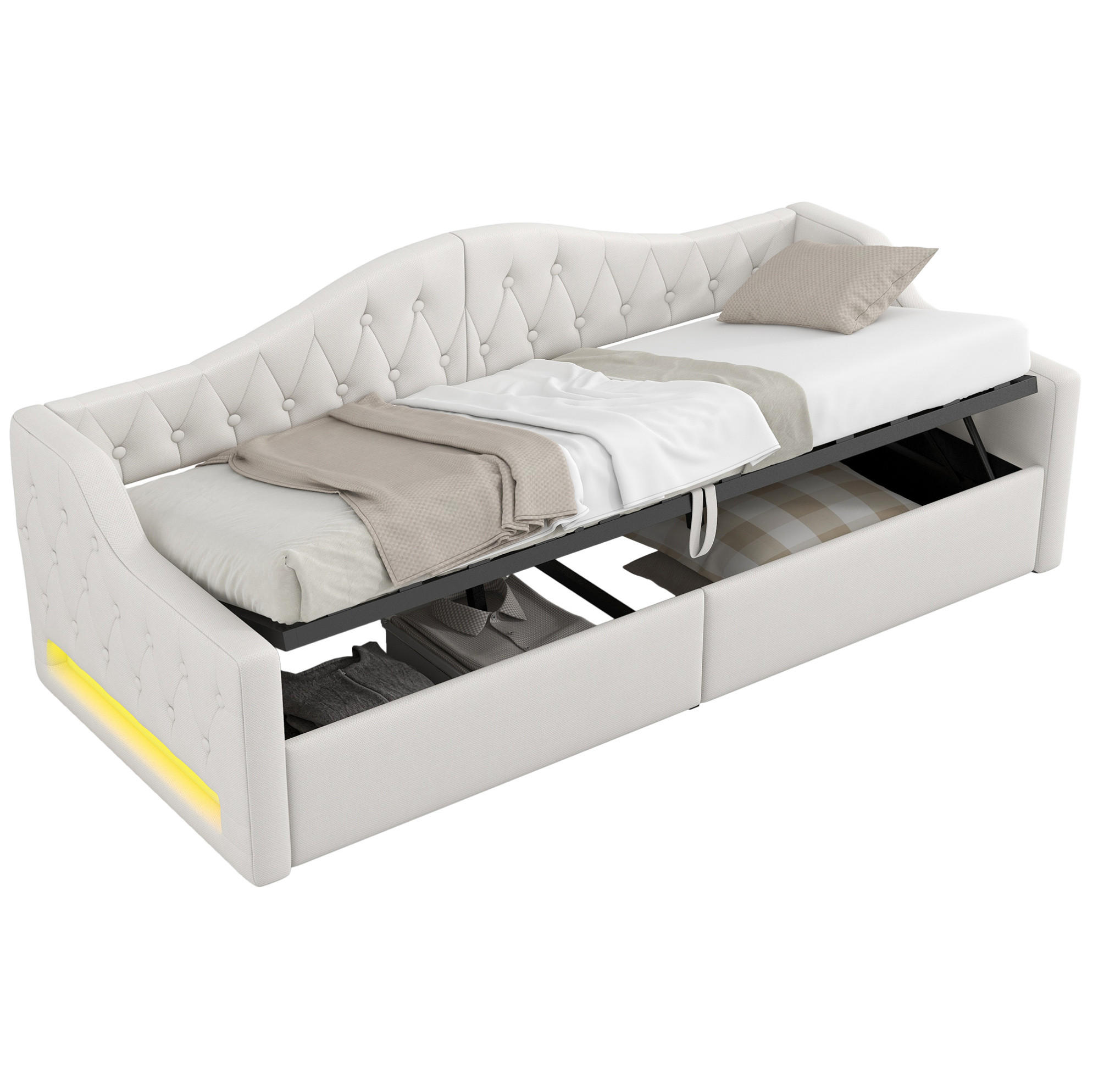 POLSTERBETT 90/200 cm Beige aus MDF mit Stauraum und LED-Beleuchtung - Beige, Holzwerkstoff (90/200cm) - OKMYHOME