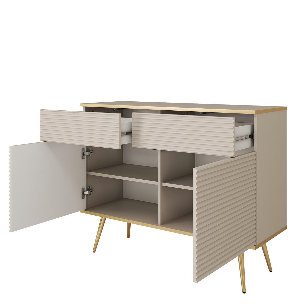 SIDEBOARD BANFF KOM3-2D2S Goldene Metallbeine, geriffelte Fronten, Weiß - Weiß, Holzwerkstoff/Kunststoff (107/85/39cm) - Komodee