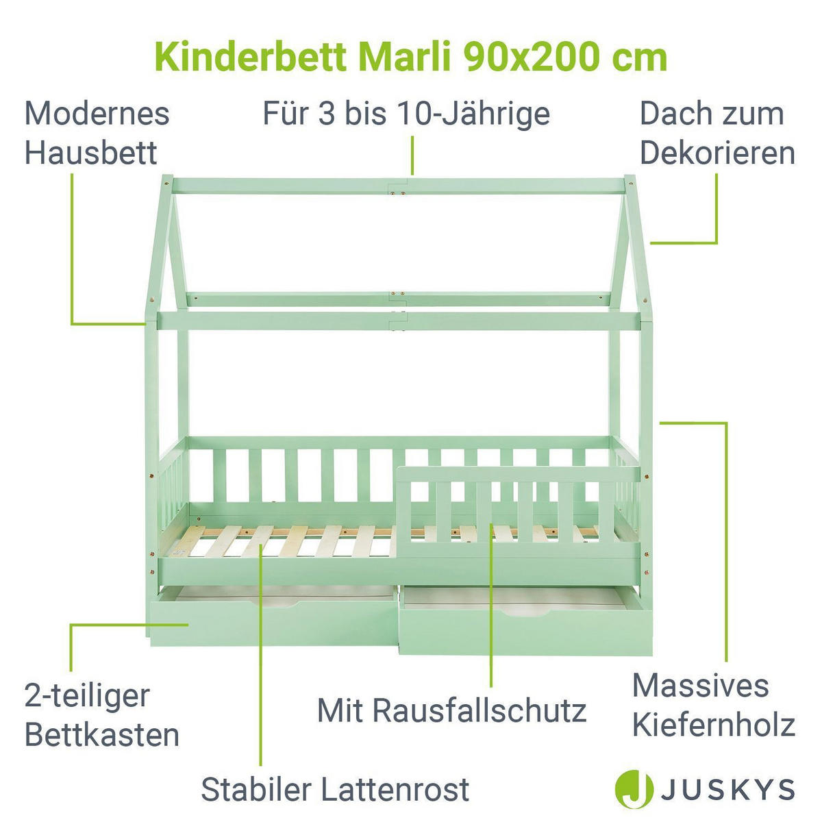 KINDERBETT Marli mit Matratze und Bettkasten mint 90x200 cm - Mintgrün, Holz (90/200cm) - Juskys