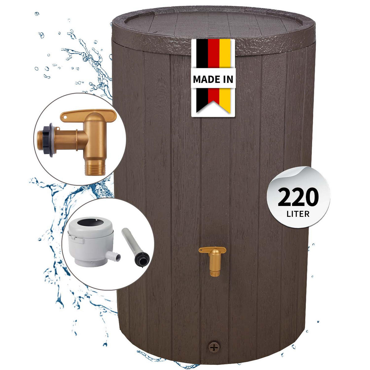 REGENTONNEN Komplett-Set 220 L braun inkl. Kunststoff-Auslaufhahn und Fallrohranschluss - Braun, Kunststoff (57/93/59cm) - 4rain