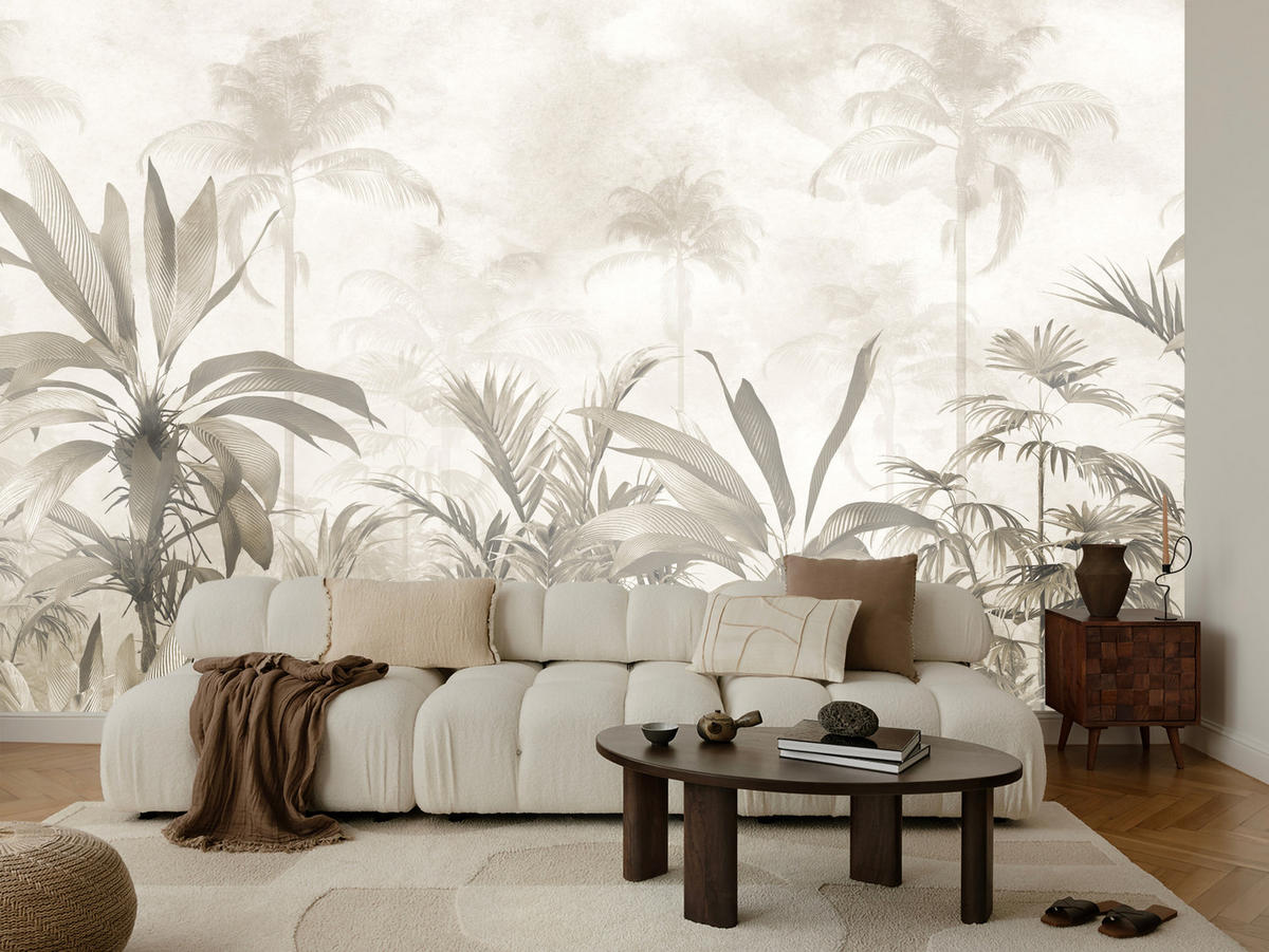 FOTOTAPETE für Wohnzimmer Vintage Tropischer Wald Palmen Blätter 200x140 - Beige/Grau, Papier (200/140cm) - Muralo