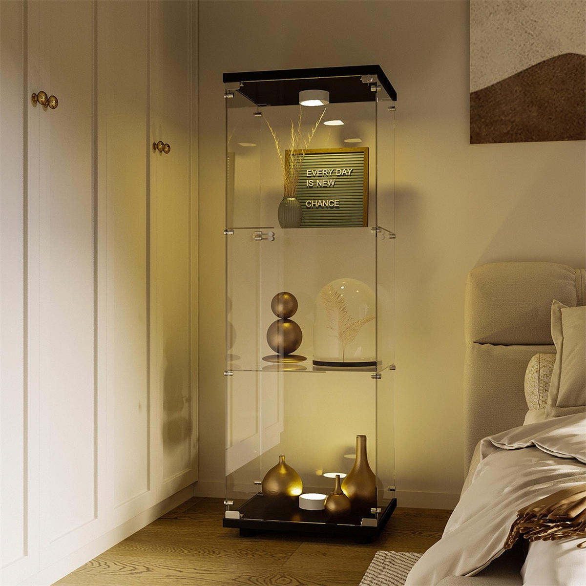 VITRINE - Glasvitrine mit 1 Tür und 3 Ebenen - integrierte LED-Beleuchtung - Schwarze Decken- und Bodenplatte - Schwarz, Glas (42/125/36cm) - DELFA