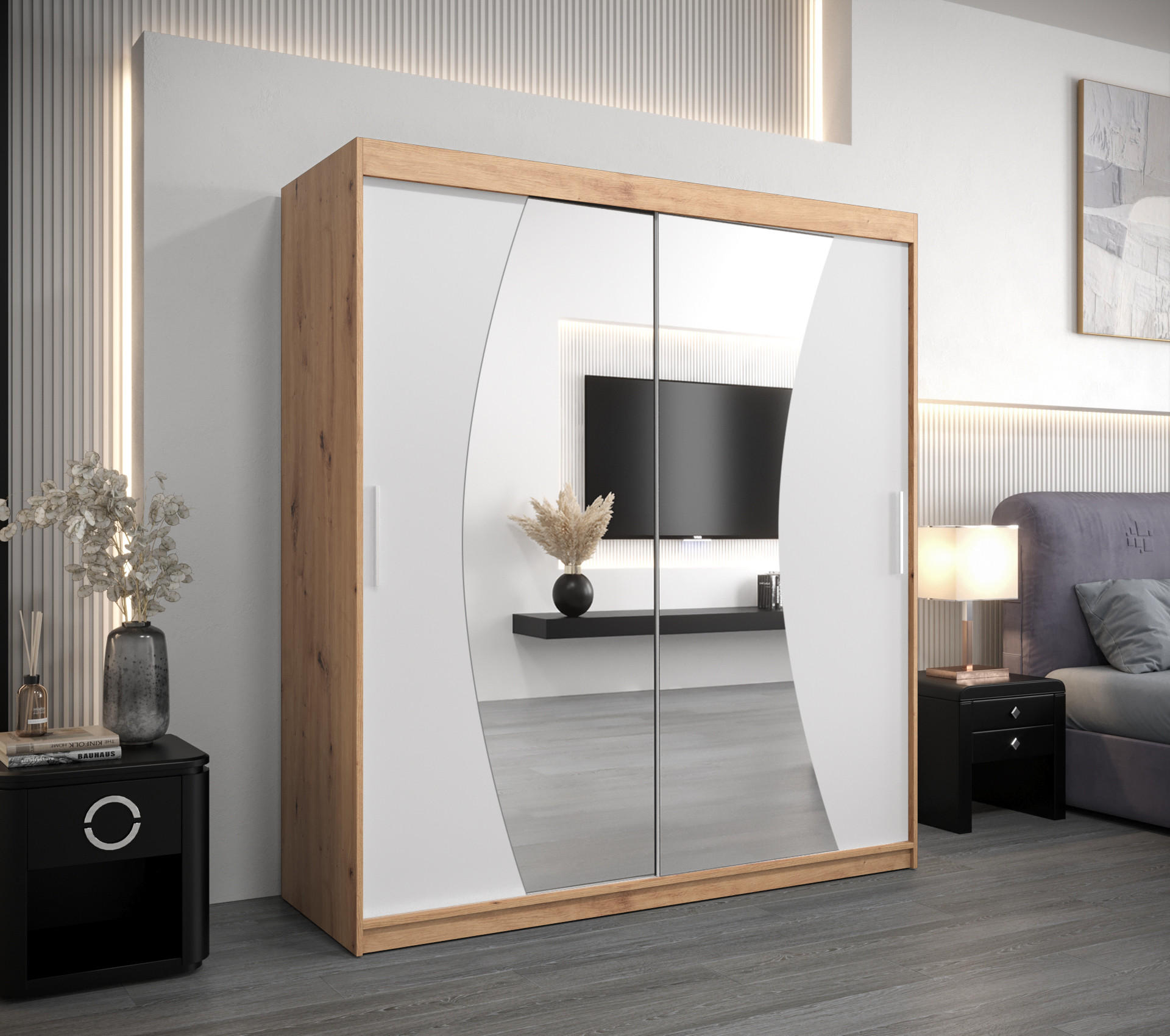 SCHWEBETÜRENSCHRANK 200/180/62 2-türig - Silberfarben/Weiß, Holz/Kunststoff (180/200/62cm) - Abiks Möbel