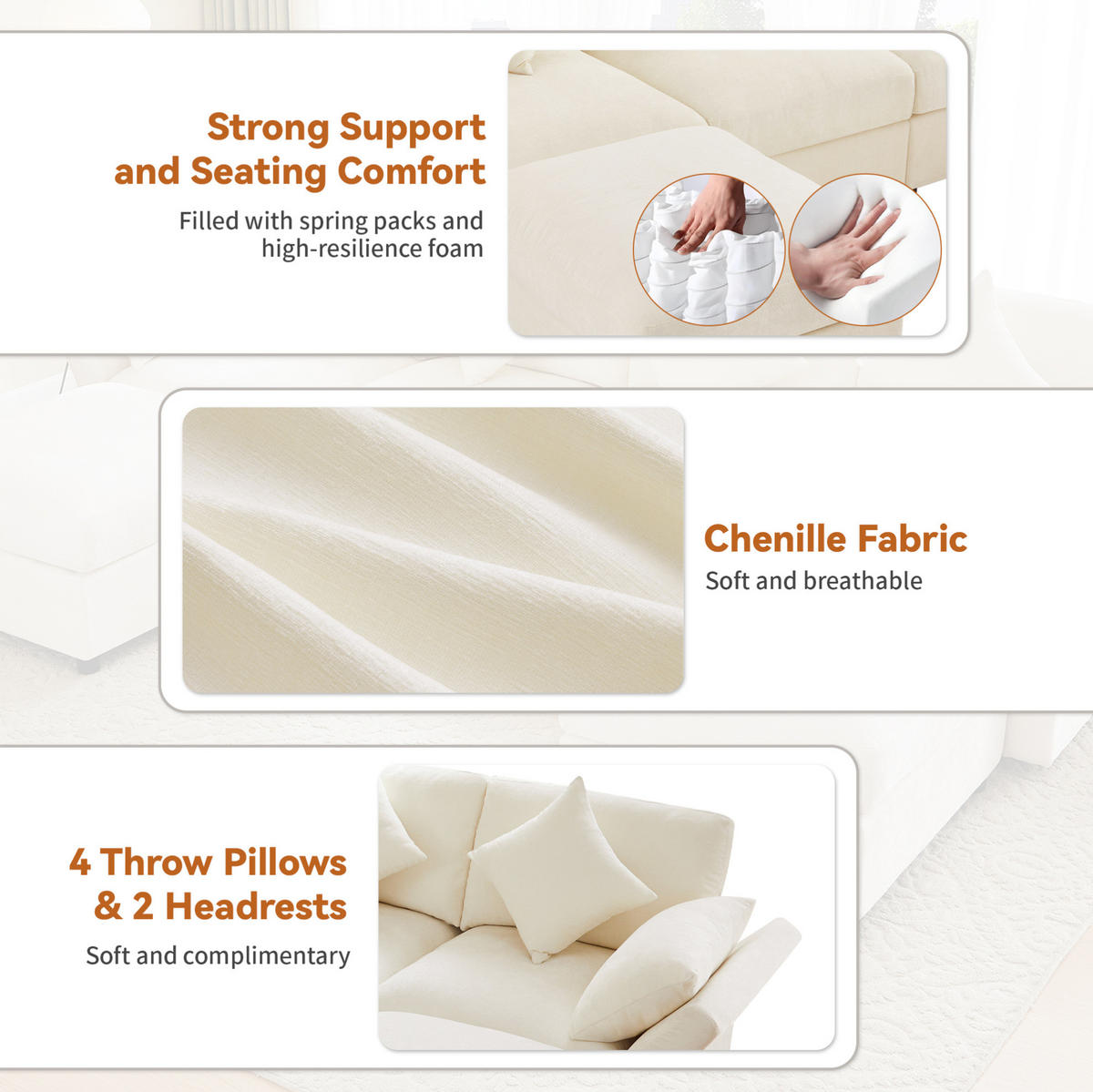 MODULARES Ecksofa 284/156,5/86 cm aus Chenille mit verstellbaren Armlehnen Beige - Beige, Textil (156.5/284cm) - Modenvie