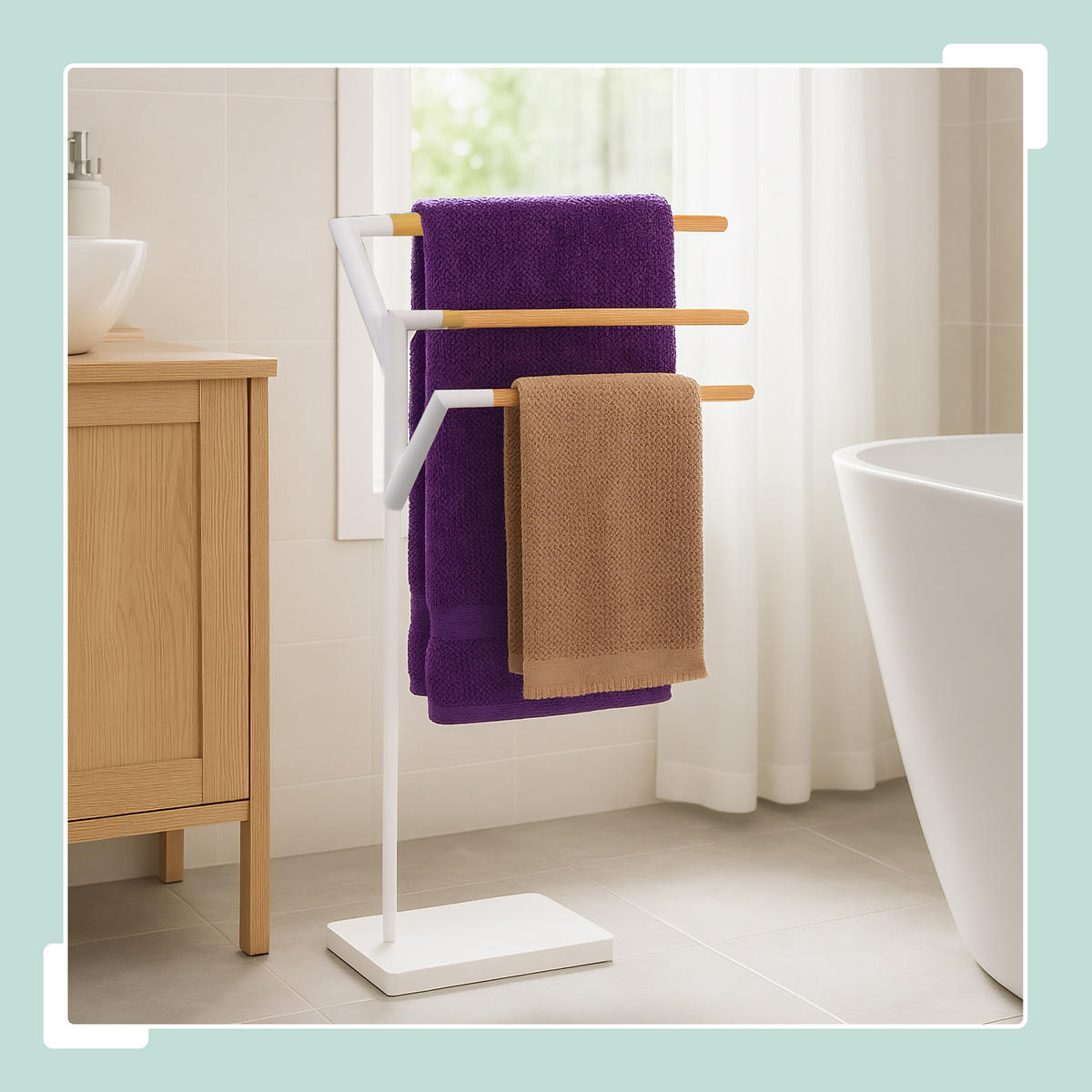 STOJAN na osušky - bílá, kov/dřevo (38.5/75/18cm) - Relaxdays