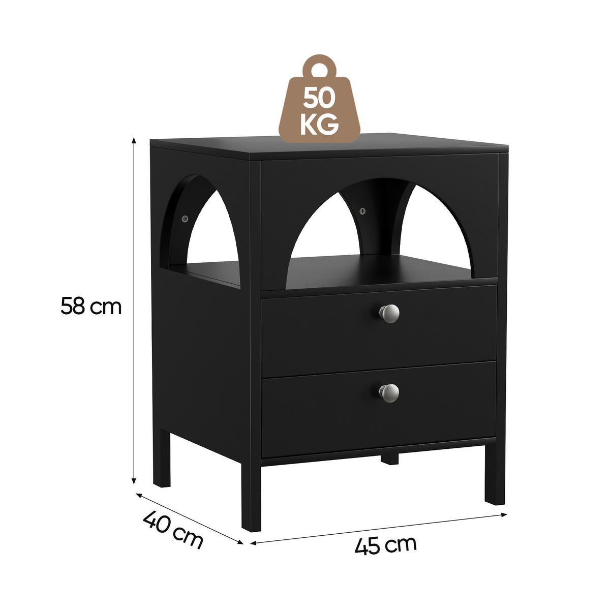 NACHTTISCH aus MDF 45x40x58 cm Schwarz mit 2 Schubladen und offenem Fach, vielseitiger Stauraum - Schwarz, Holzwerkstoff (45/58/40cm) - Modfu