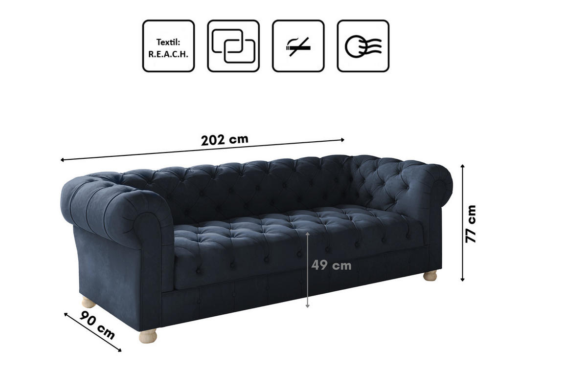 SOFA CHESTERFIELD Elegant Klassisch Schick Stoff Whisper Velours Blau - Blau, Holz/Textil (202/77/90cm) - Kaiser Möbel