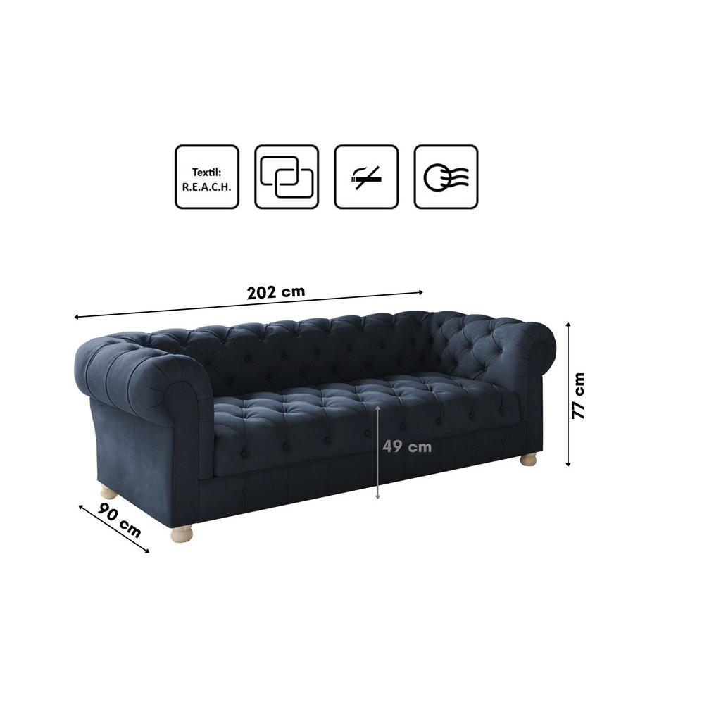 Thumbnail - Kaiser Möbel Sofa, Blau, Textil, einzeln stellbar,Rechteckig, 202x77x90 cm, Wohnzimmer, Sofas & Couches, Sofas, 3-Sitzer...