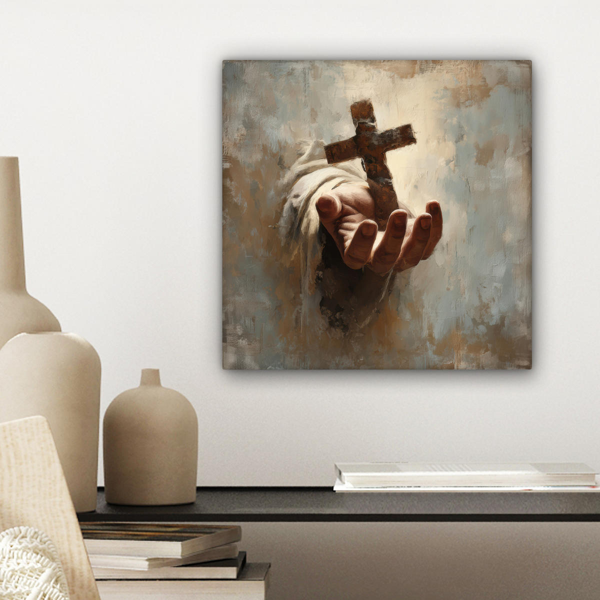 LEINWANDBILD Abstrakt - Kreuz - Hand - Christentum Deko Wohnzimmer 20x20 cm - Hellbraun, Textil (20/20cm) - MuchoWow