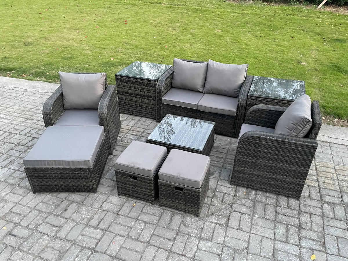 LOUNGESOFA-SET Polyrattan Dunkelgrau 7-Sitzer - Dunkelgrau, Metall - Fimous