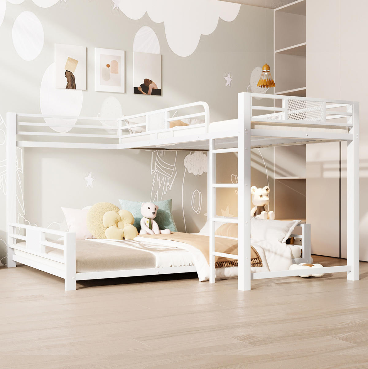 ETAGENBETT aus Metall 204x204x130 cm Weiß mit Schutzgittern, platzsparendem L-Design und Metalllattenrost - Weiß, Metall (90/200cm) - Modfu