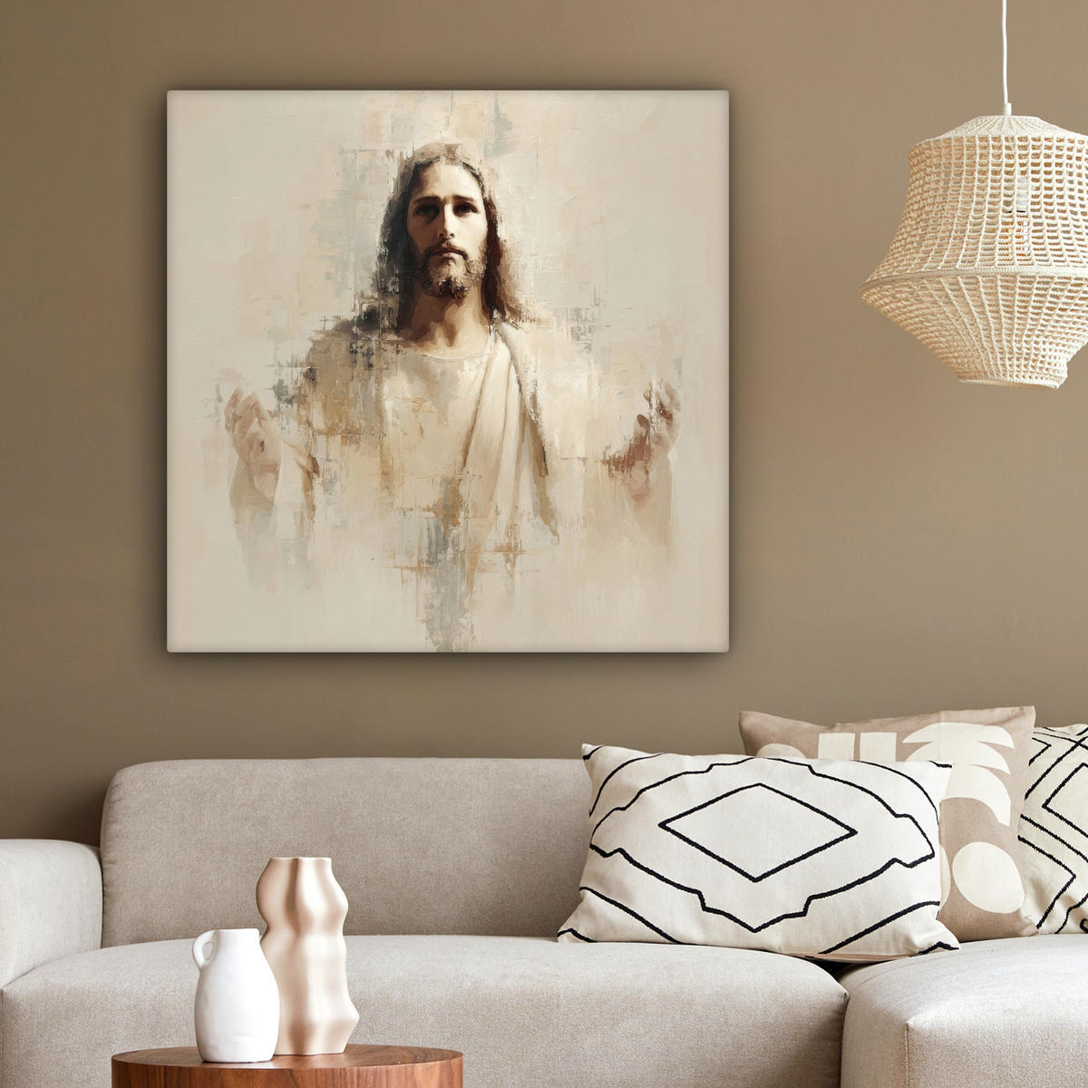 LEINWANDBILD Porträt - Abstrakt - Jesus - Beige Deko Groß 90x90 cm - Beige, Textil (90/90cm) - MuchoWow