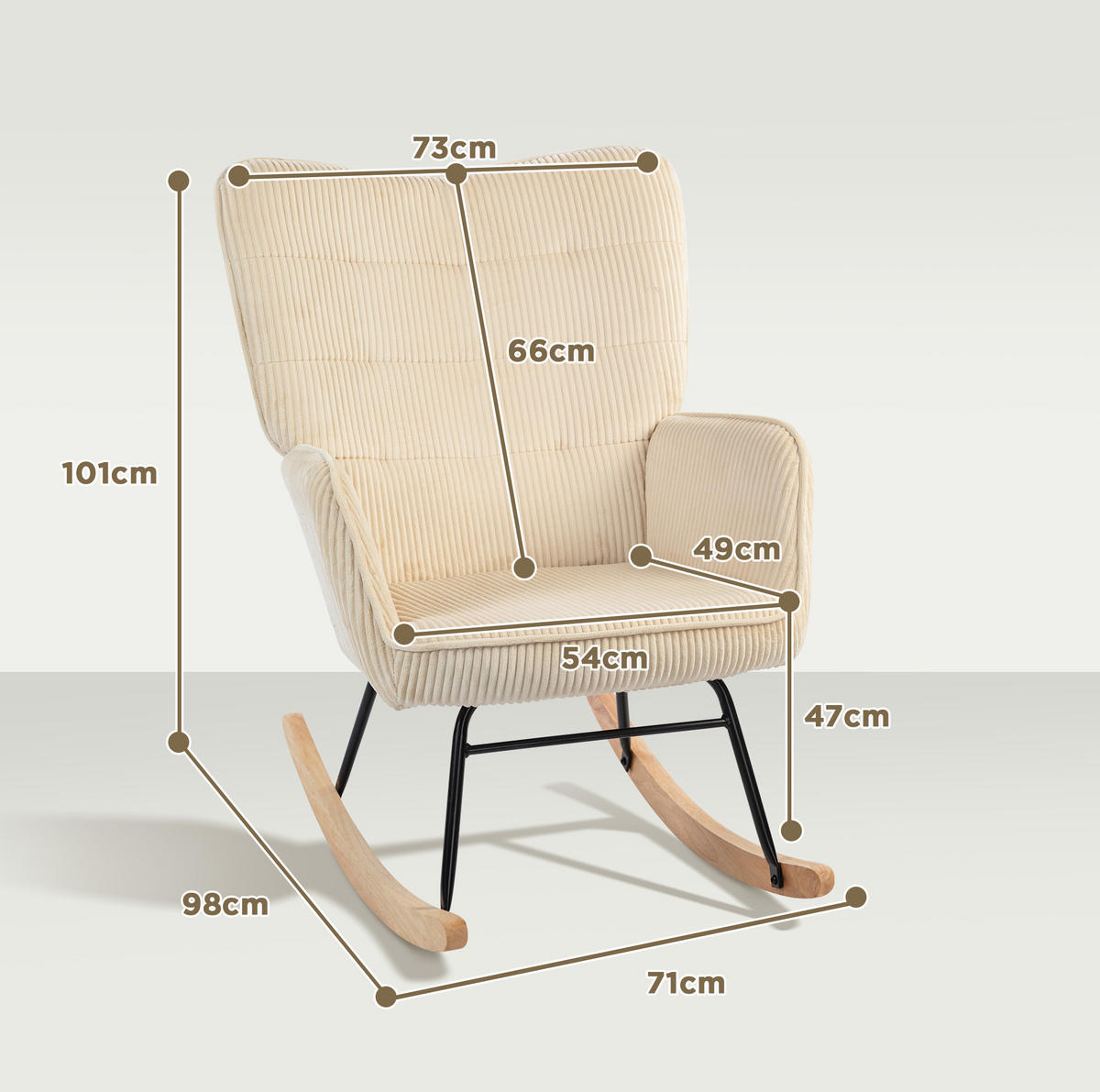 SCHAUKELSTUHL mit Kord-Polsterung, Holzsockel 71/98/101 cm Beige - Beige, Holz (98/101/71cm) - Redom