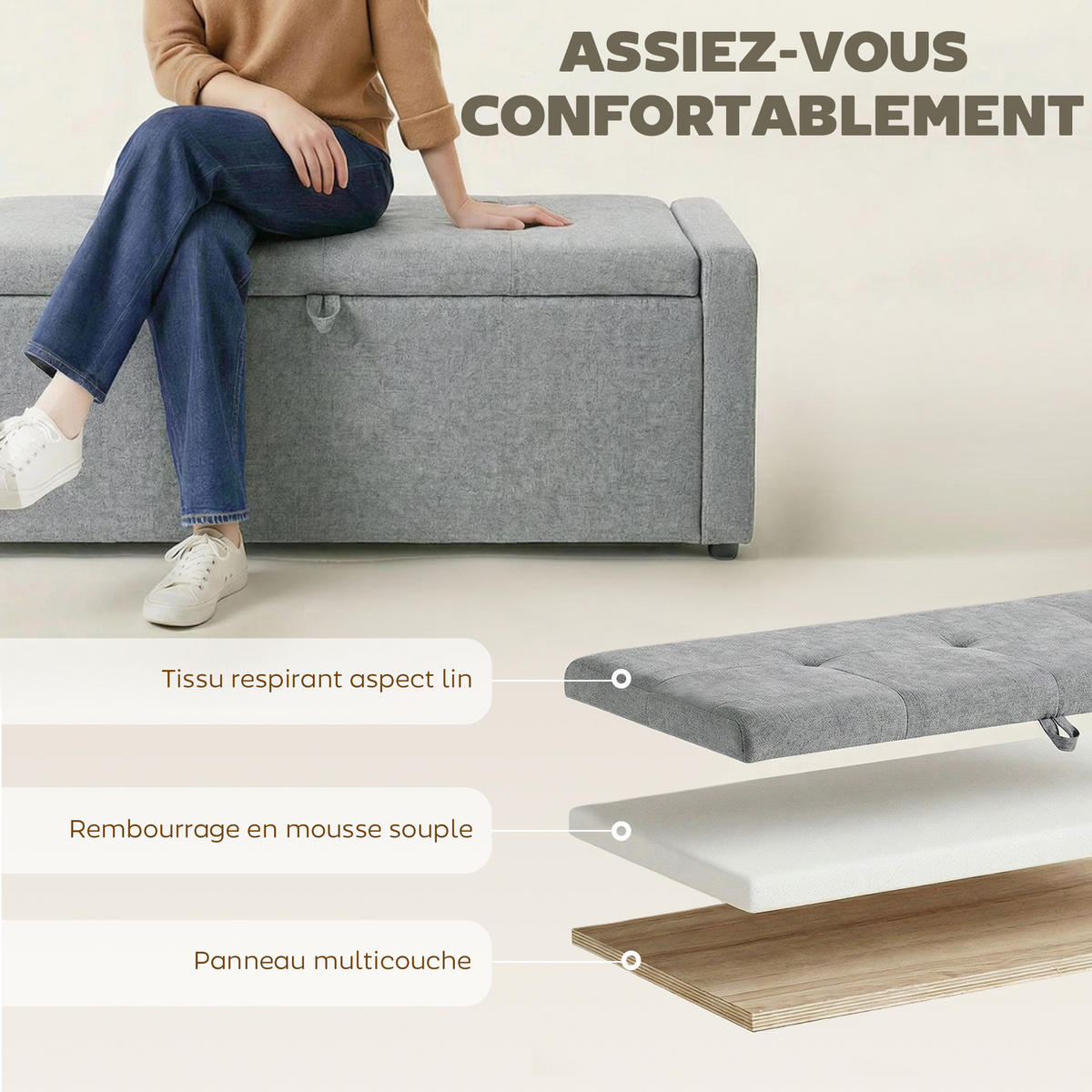 TRUHENBANK DE-16455 breit gepolstert mit Stauraum Hellgrau - Hellgrau, Textil (122/44/48cm) - ComfortXL