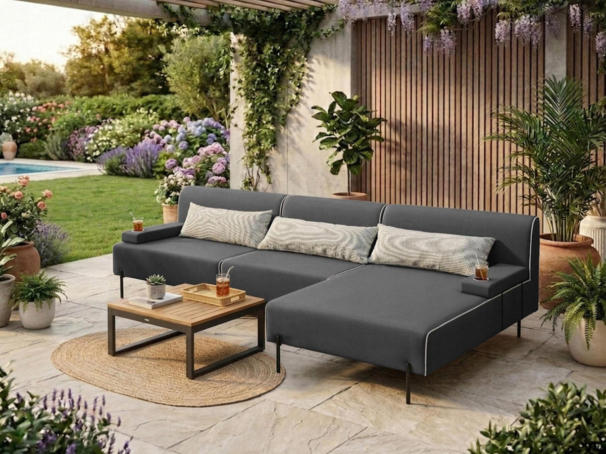 GARTENSOFA BORNEO S Wetterfest 300x170x86 cm, Rechts, Solide Konstruktion, HR-Schaumfüllung, Wetterfeste Bezugstoff, Dunkelgrau - Dunkelgrau, Holz/Metall (300/86/170cm) - Trada