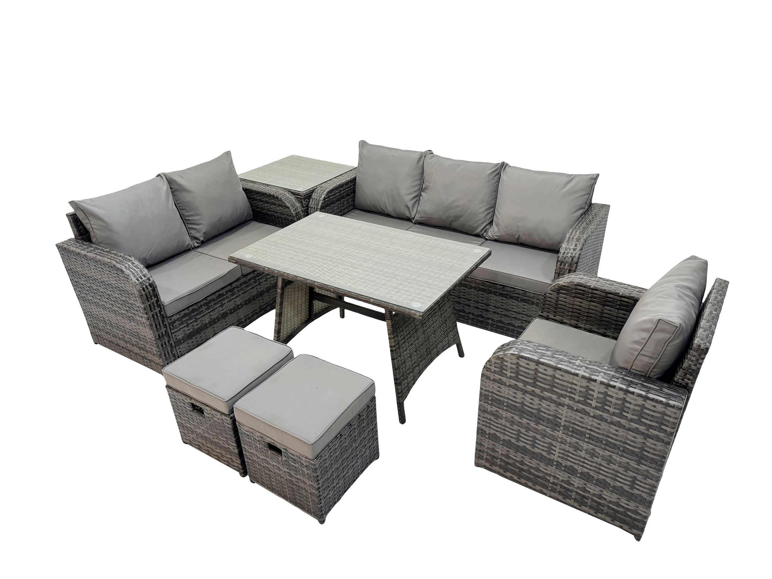 GARTENMÖBEL SET Polyrattan Dunkelgrau 8-Sitzer - Dunkelgrau/Grau, Glas/Kunststoff - Fimous