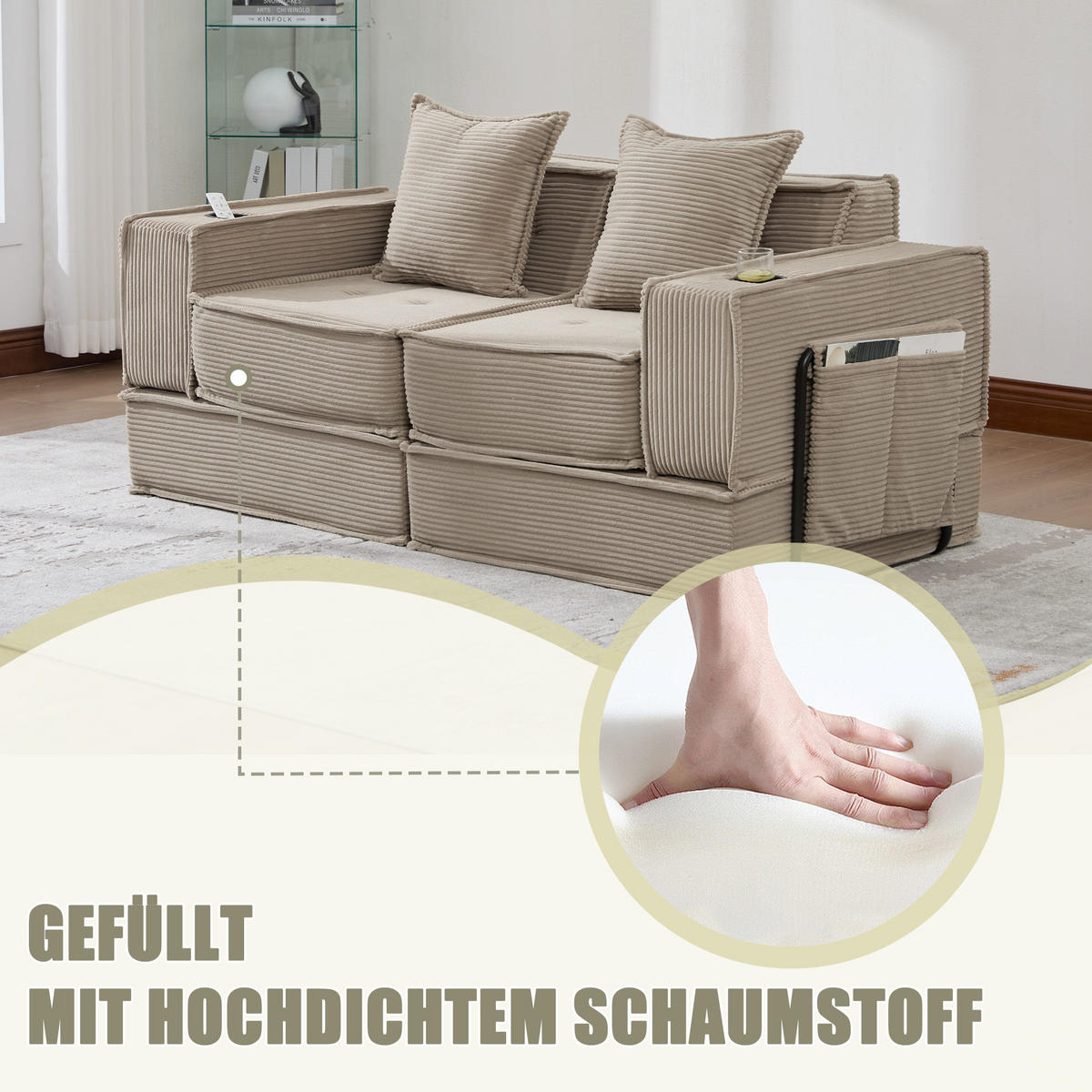 SCHLAFSOFA 162/78/66 cm Khaki Cord mit seitlichem Stauraum und Getränkehaltern - Sandfarben, Textil (162/66/78cm) - Oxeza