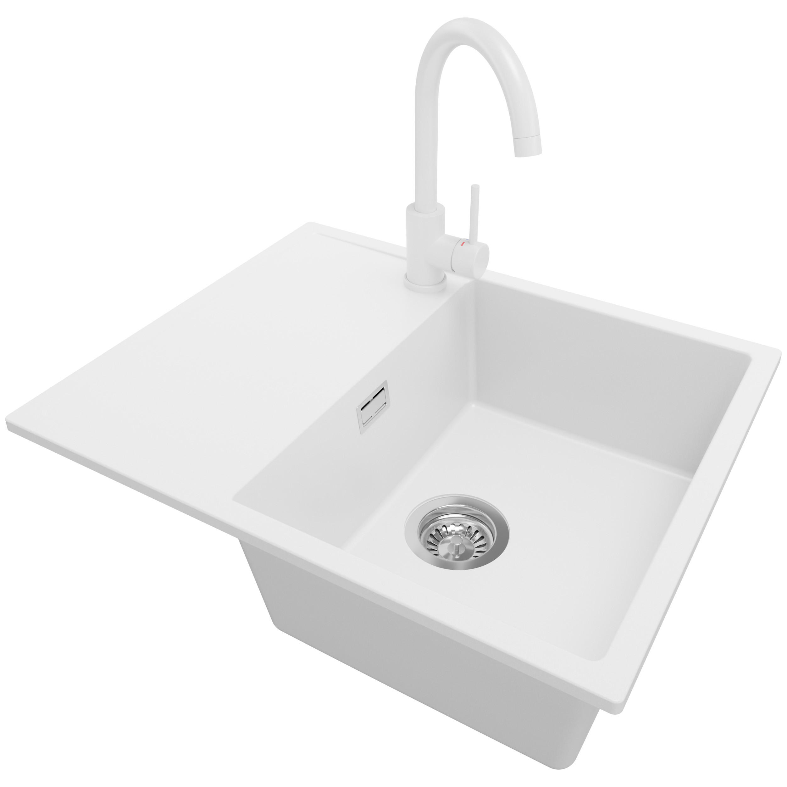 GRANITSPÜLE Ibiza, 2-er set Weiß 62/50 cm 1 Becken + Küchenarmatur 32/20 cm + Ablauf-Set ab 45er Unterschrank - Chromfarben/Weiß, Kunststoff (62/19/50cm) - Primagran