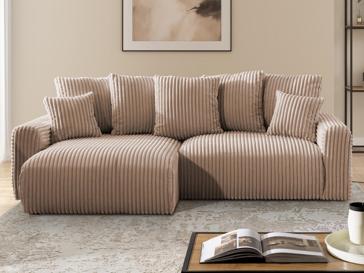 ECKSOFA Calma mit Schlaffunktion und Bettkasten im Bumpy-Design aus weichem Beige Plüschcord - Ottomane links - Beige/Schwarz, Holz/Kunststoff (239/140cm) - S-Style