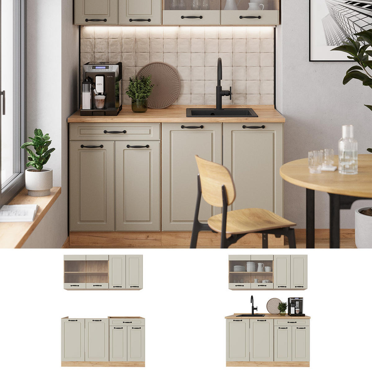 SINGLEKÜCHE R-Line, Sand Landhaus/Goldkraft Eiche, 140 cm Arbeitsplatte Goldkraft Eiche - Honigeiche/Beige, Holzwerkstoff (140/81.6/60cm) - Vicco