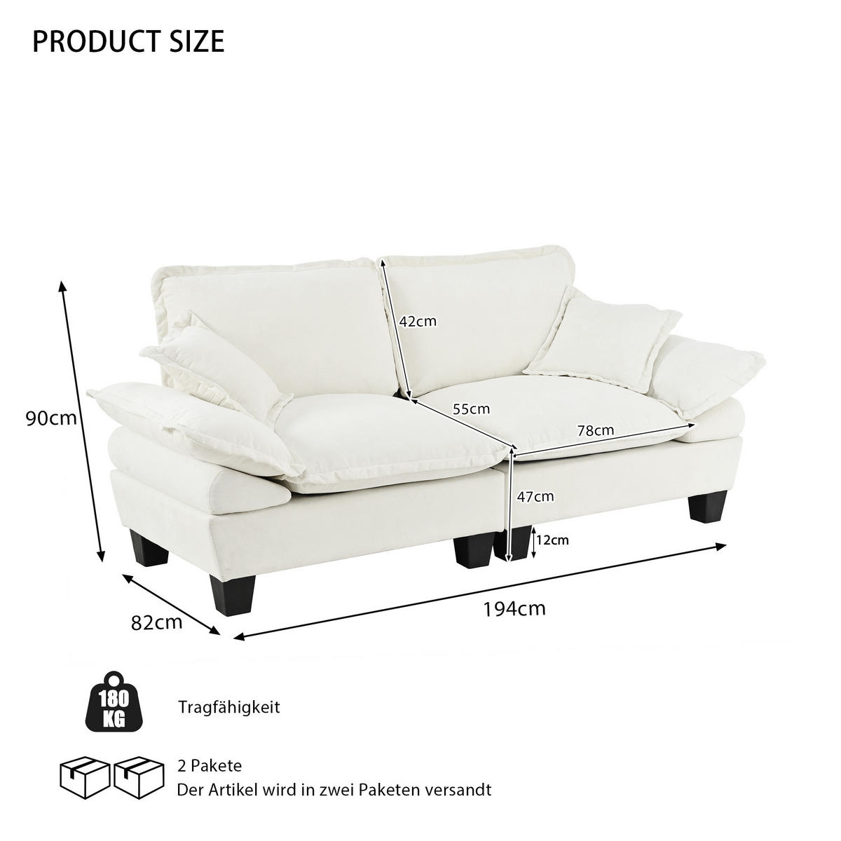 2-SITZER Sofa aus Chenille in Beige mit abnehmbaren Armlehnen - Beige, Textil (82/90/194cm) - Modfu