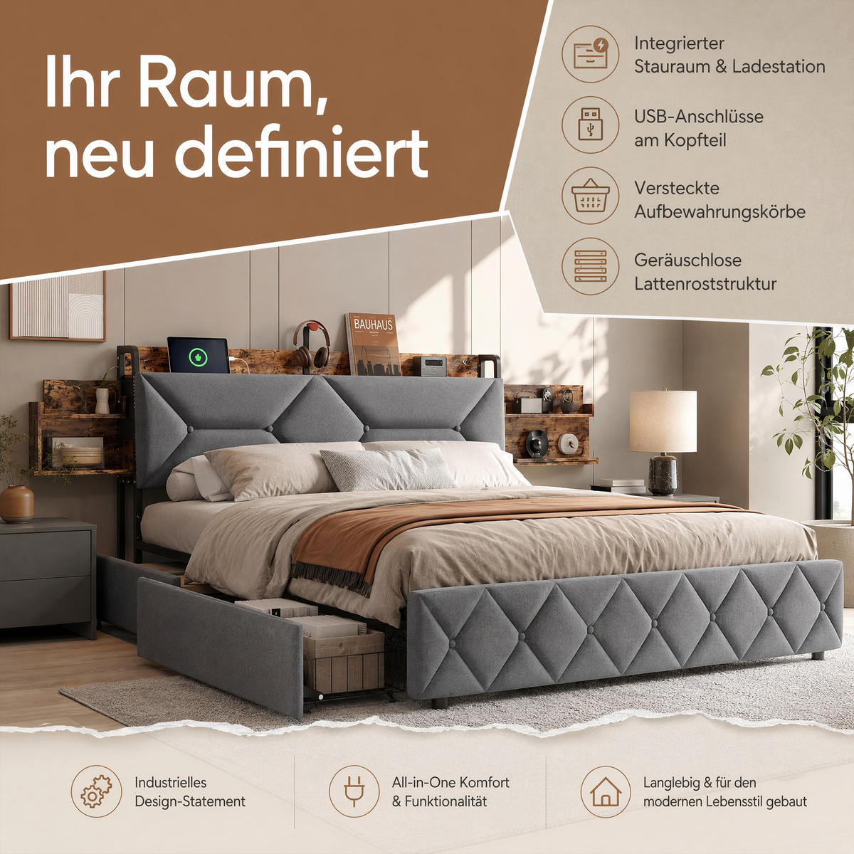 POLSTERBETT 140x200 mit Stauraum, 4 Schubladen und Steckdose, Lattenrost, Kopfteil mit verstecktem Stauraum, Grau - Grau, Holz/Textil (140/200cm) - GENKI LIVING