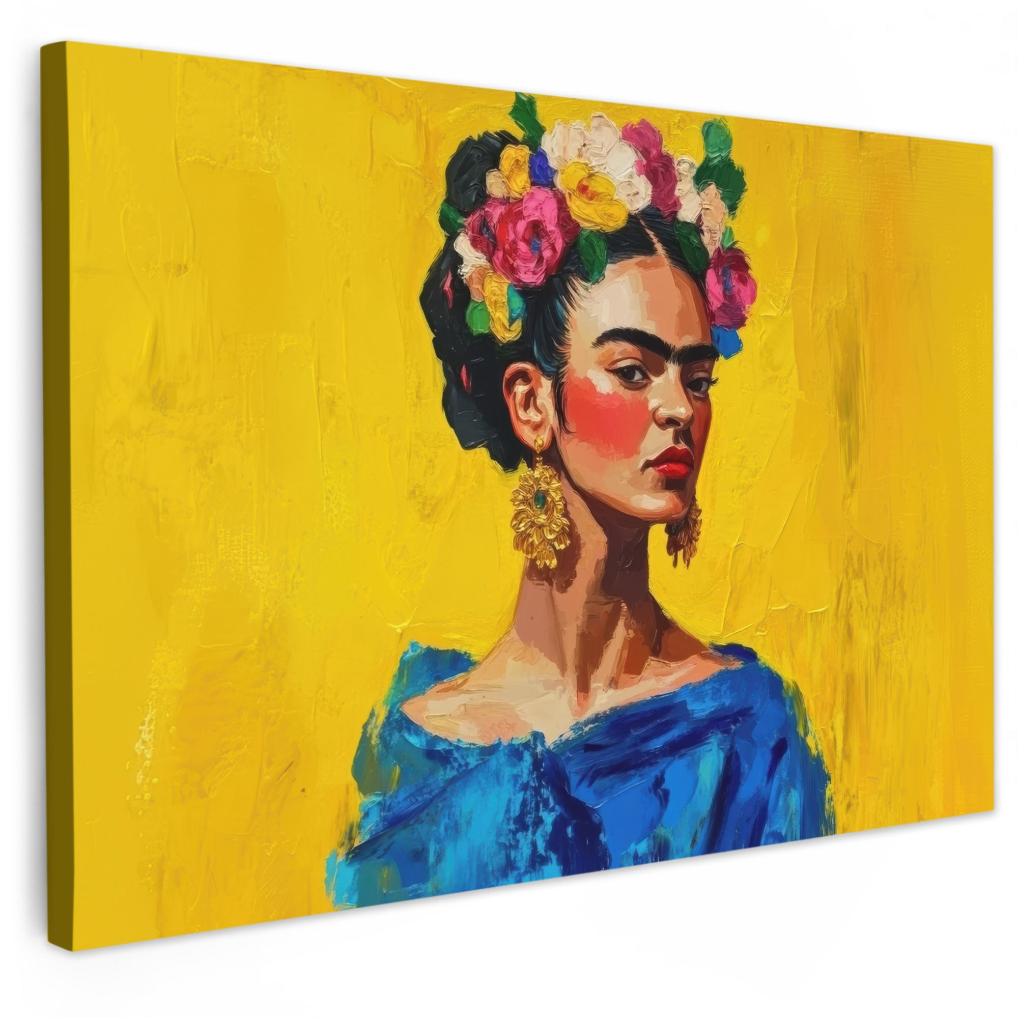 LEINWANDBILD Frida Kahlo - Frau - Gelb - Blau - Blumen Gemälde 60x40 cm - Gelb, Textil (60/40cm) - MuchoWow