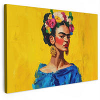 LEINWANDBILD Frida Kahlo - Frau - Gelb - Blau - Blumen Gemälde 60x40 cm - Gelb, Textil (60/40cm) - MuchoWow
