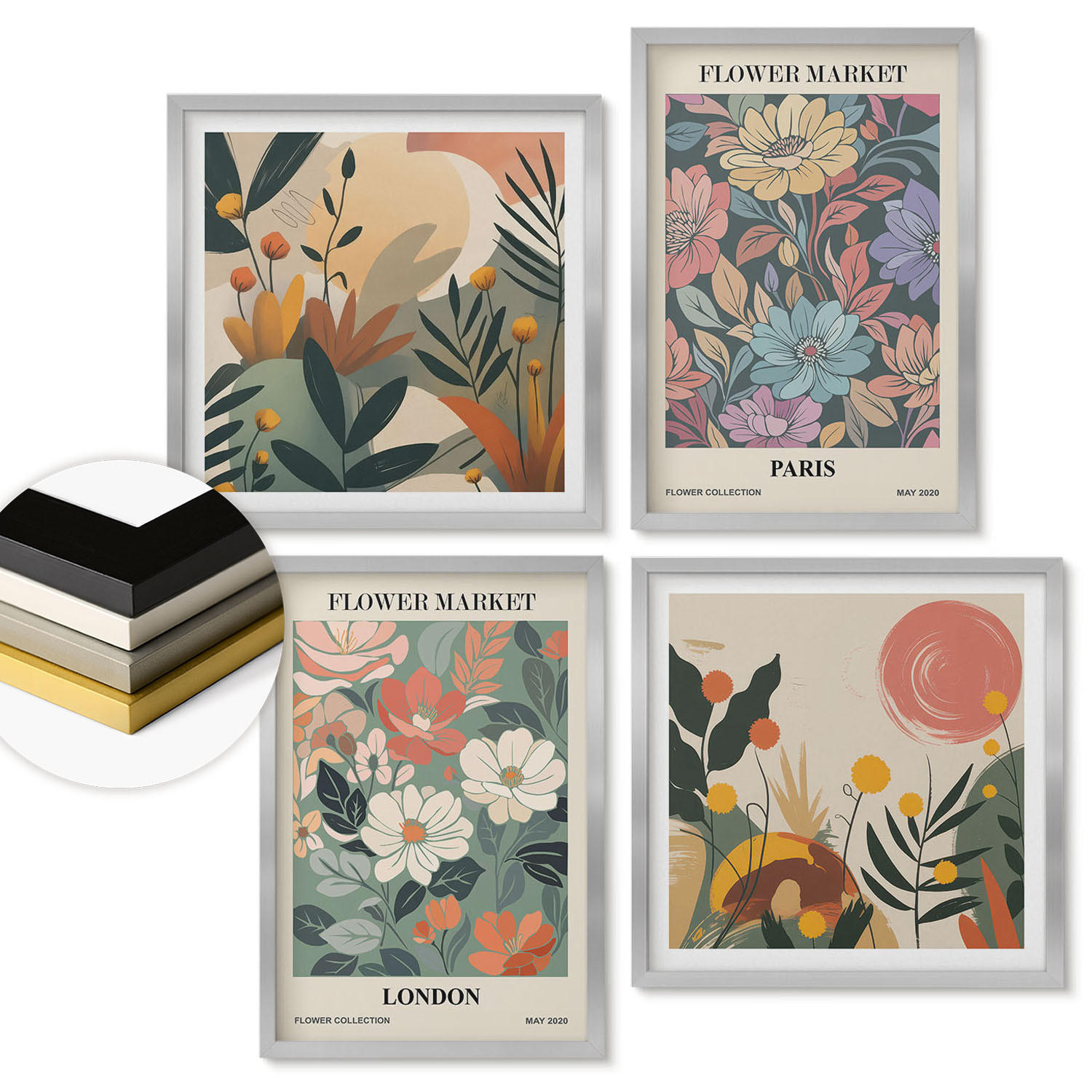 WANDBILDER 4er Set - 50x50 cm & 40x60 cm Silberner Rahmen - Blumenposter Paris London - Silberfarben, Kunststoff (50/50cm) - ArtPrintCave