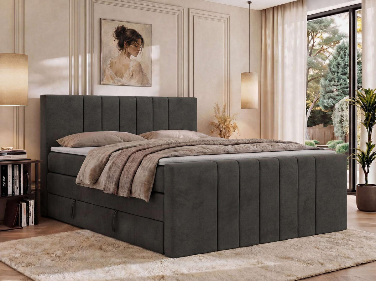BOXSPRINGBETT INERO DUO KING 180/200 - Dunkelgrau Velvet - Topper T25 - H4 - Dunkelgrau/Schwarz, Kunststoff/Textil (180/200cm) - MKS