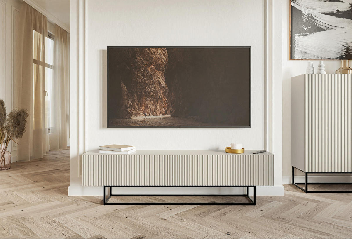 TV stolík Veldio Greige s čiernym kovovým rámom 175 cm - čierna/sivobéžová, kov/kompozitné drevo (175/46.5/31.6cm) - Selsey