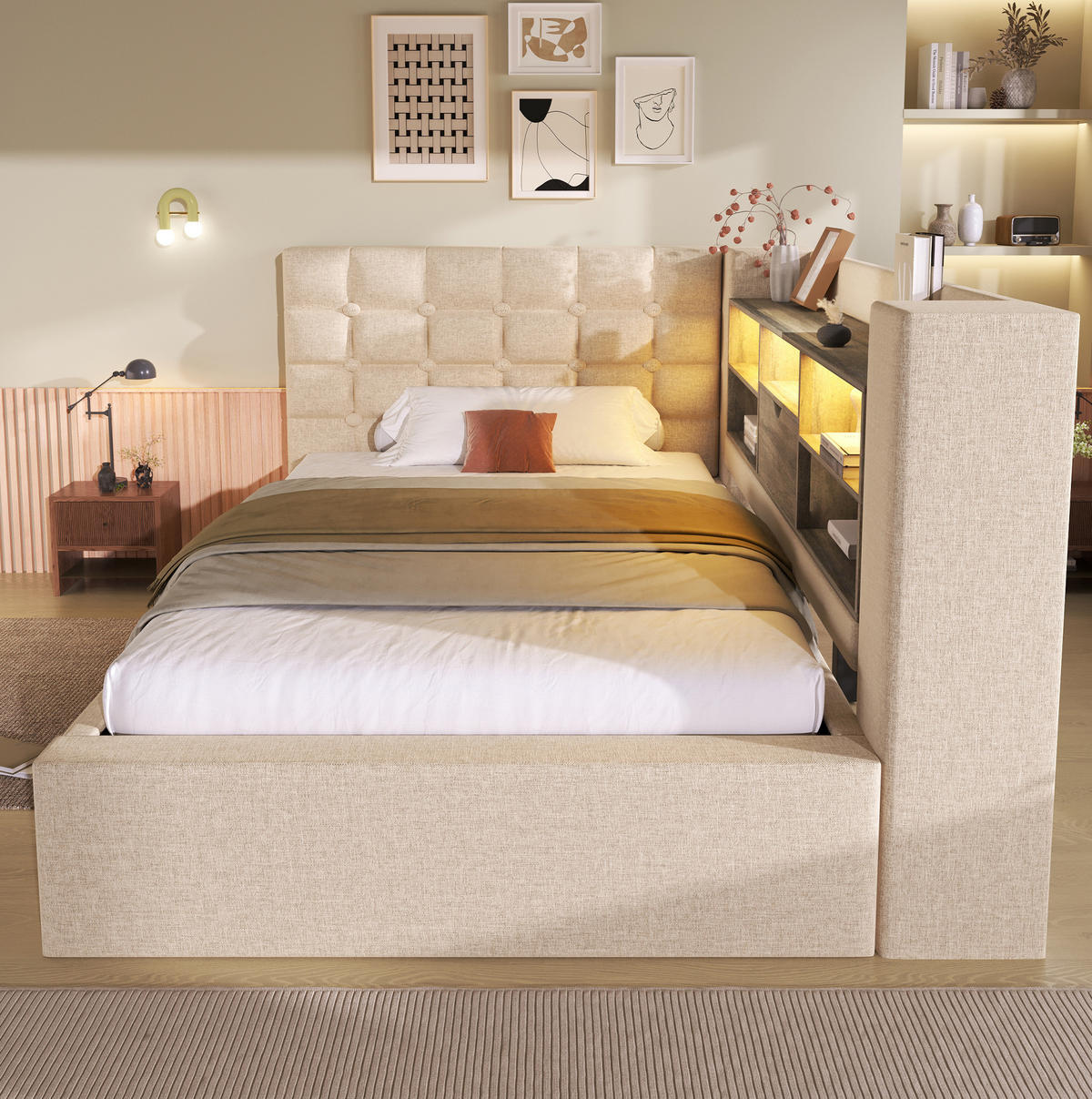 POLSTERBETT 90/190 cm Beige mit LED-Beleuchtung, Stauraum und USB- sowie Type-C-Anschlüssen - Beige, Textil (90/190cm) - Flora Grace