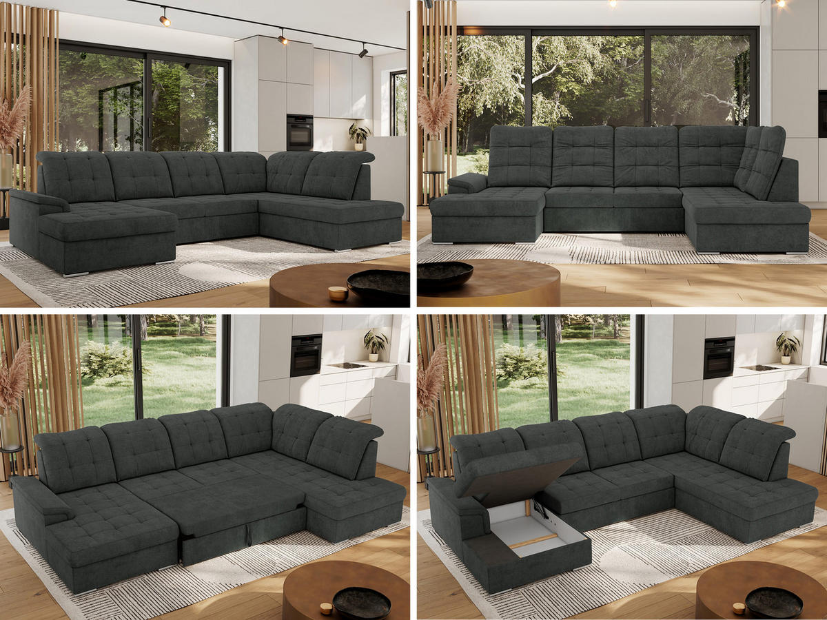 WOHNLANDSCHAFT MADRITO U - Dunkelgrau Struktur - Rechts - Dunkelgrau/Silberfarben, Textil/Metall (323/89/204cm) - MKS