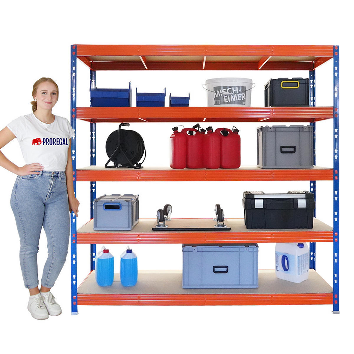 SCHWERLASTREGAL Rhino 200x200x60 cm 5 Spanplatten-Ebenen 8mm Fachlast 500 kg Blau/Orange - Blau/Orange, Metall (200/200/60cm) - PROREGAL