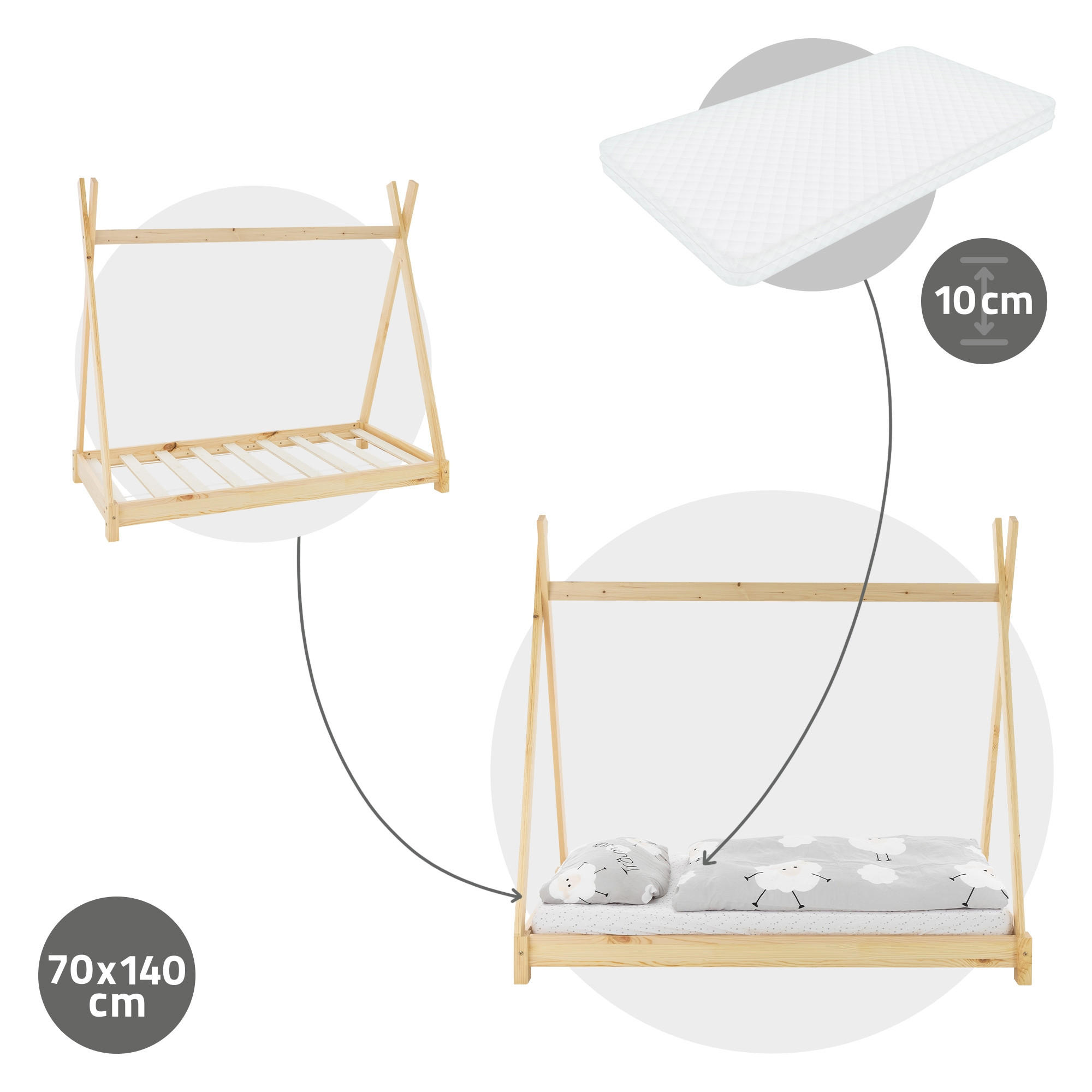 KINDERBETT Tipi mit Matratze 70x140 cm Natur - Naturfarben, Holz (70/140cm) - ML-DESIGN