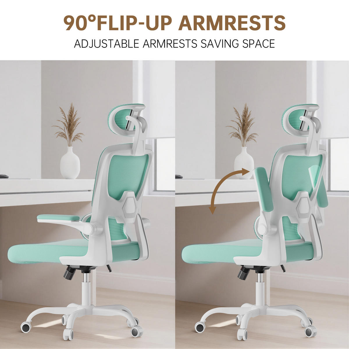 BÜROSTUHL Weiß-Grün ergonomisch mit klappbaren Armlehnen - Grün, Metall (25/52.5/65cm) - Rattrix