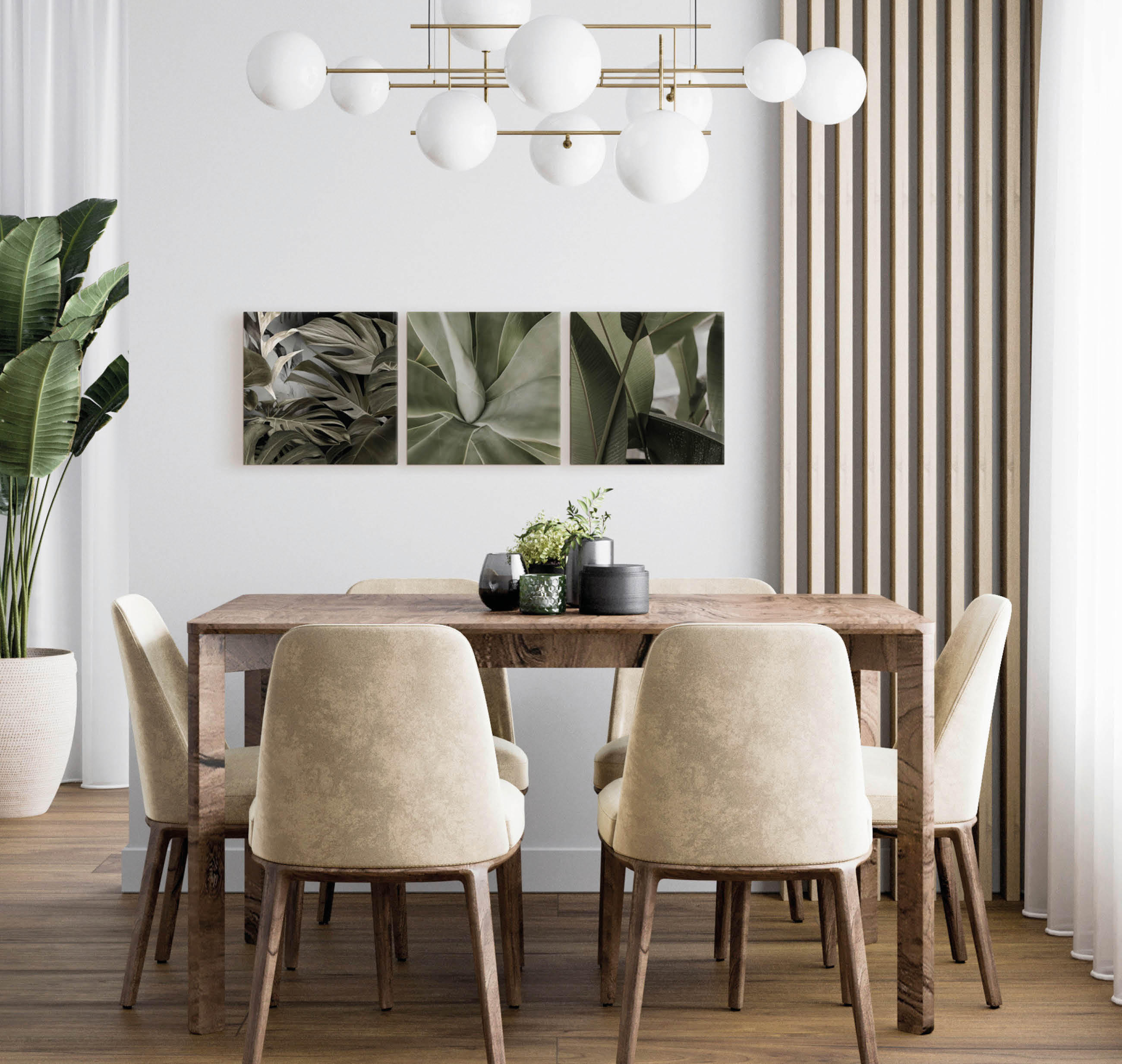 Esszimmer mit Holztisch, vier gepolsterten Stühlen, dreiteiliger Pflanzenwandgestaltung und vertikalen Holzleisten an der Wand