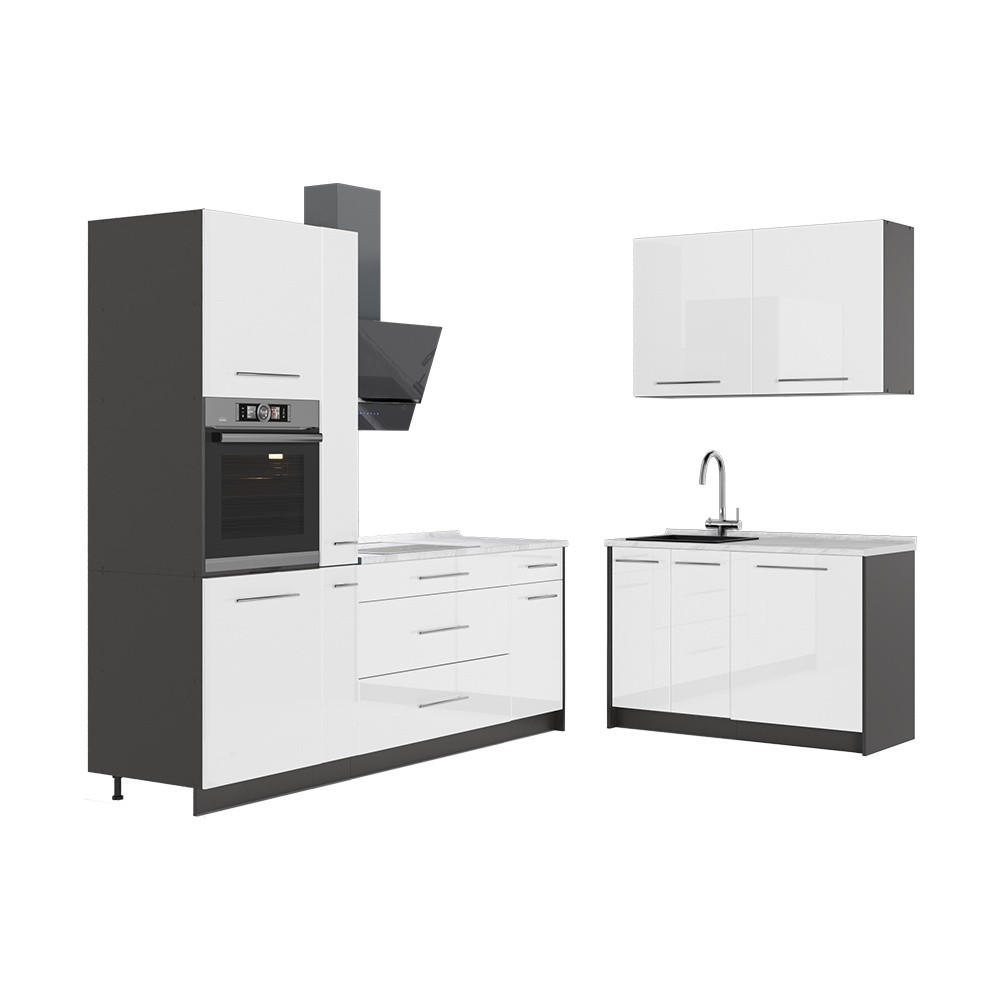 KÜCHENZEILE Fame-Line, Weiß Hochglanz/Anthrazit, 220 x 120 cm, AP Marmor - Weiß Hochglanz/Anthrazit, Holzwerkstoff (220/206.8/60cm) - Vicco